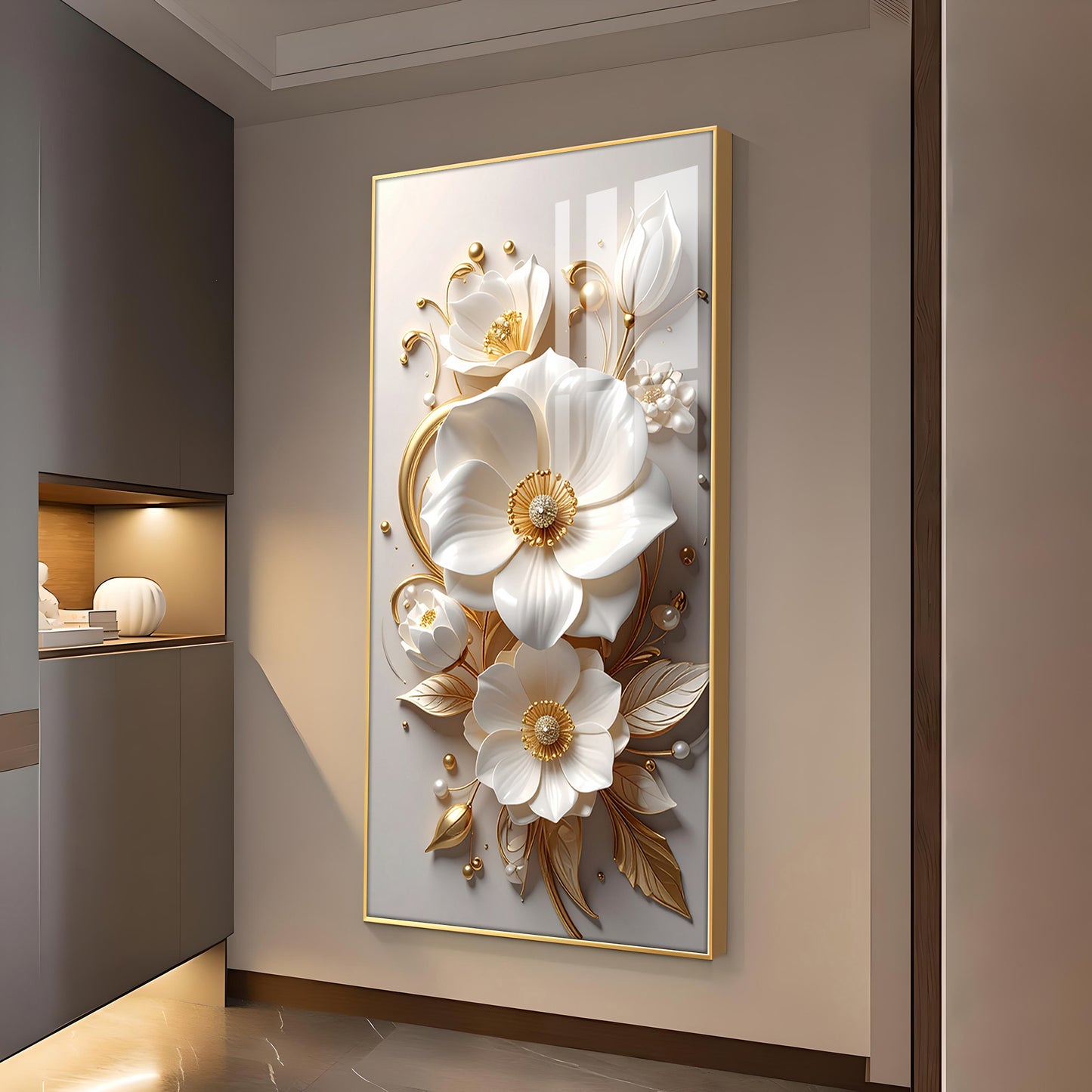 Luxe Petal Harmony Glass Finish Vertical Wall Art