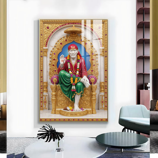 Spiritual Sai Baba Glass Finish Vertical Wall Art