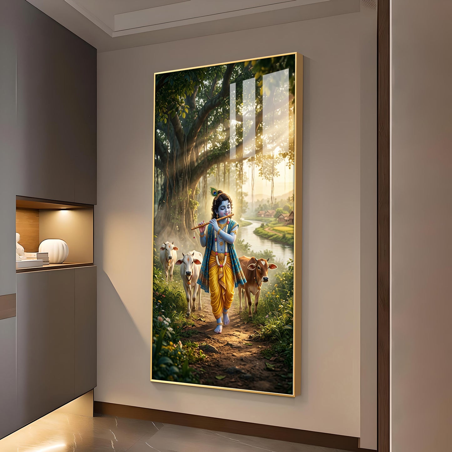Lord Krishna Ji Glass Finish Vertical Wall Art