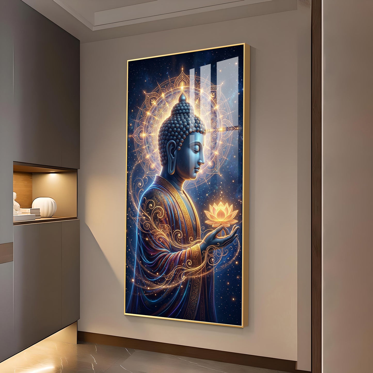 Gautam Buddha Glass Finish Vertical Wall Art