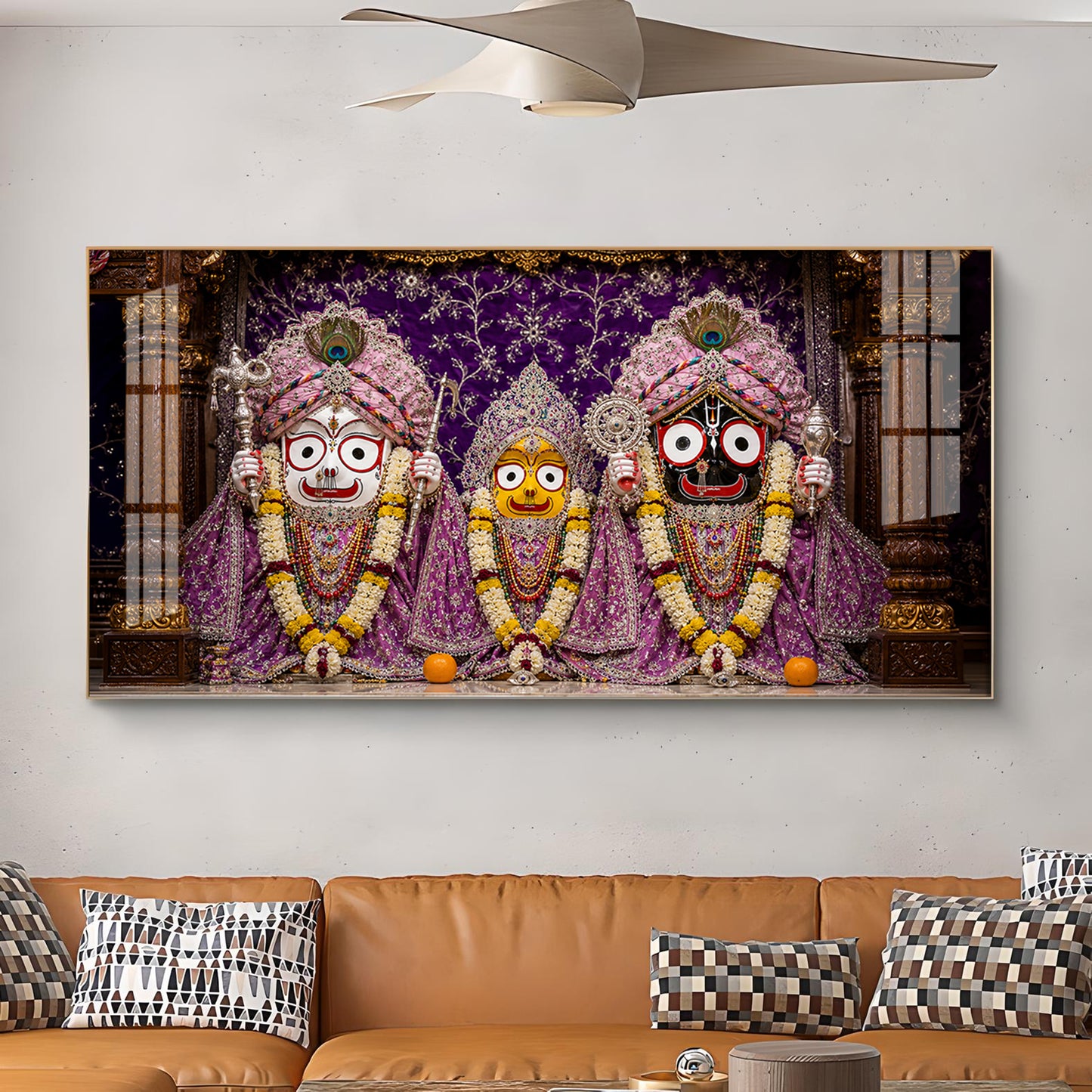 Hindu Deities Lord Jagannath, Subhadra, & Balabhadra Glass Finish Horizontal Wall Art