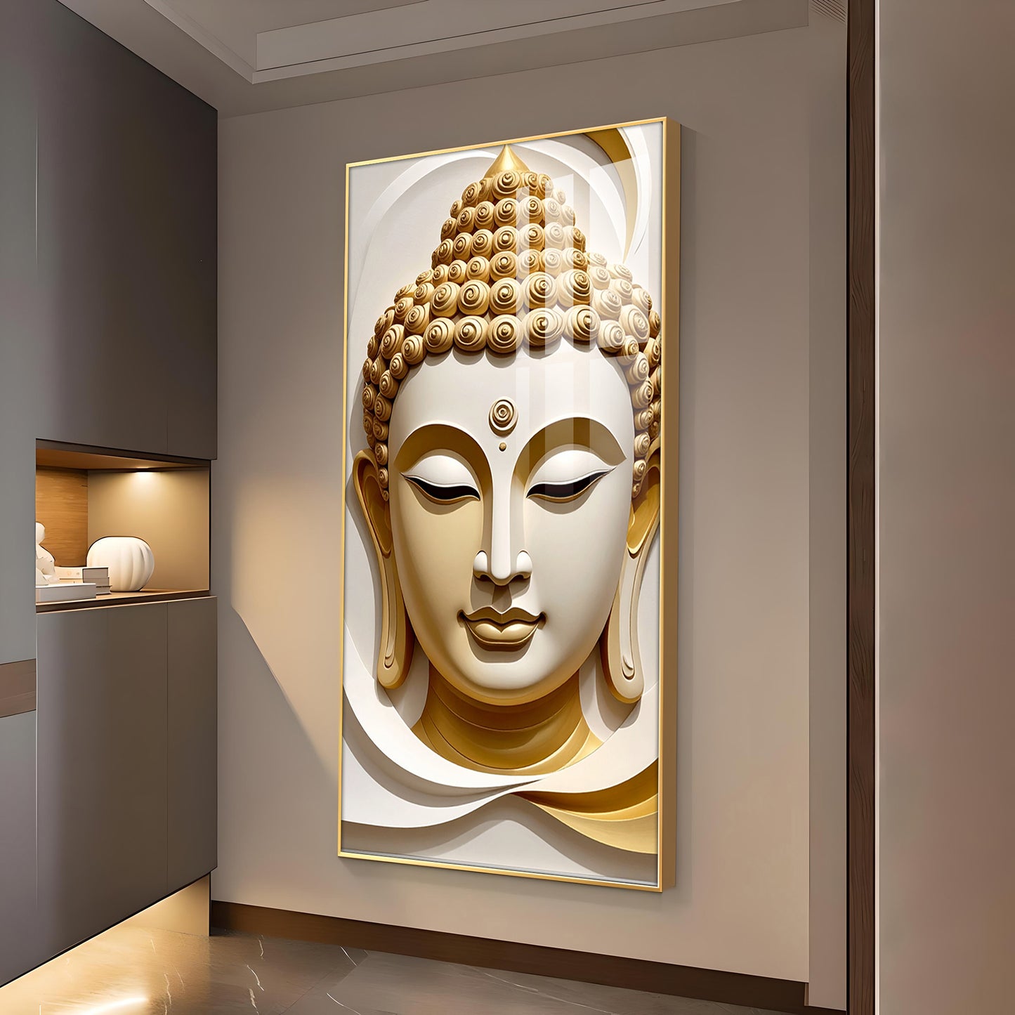 Divine Peace Buddha Glass Finish Vertical Wall Art