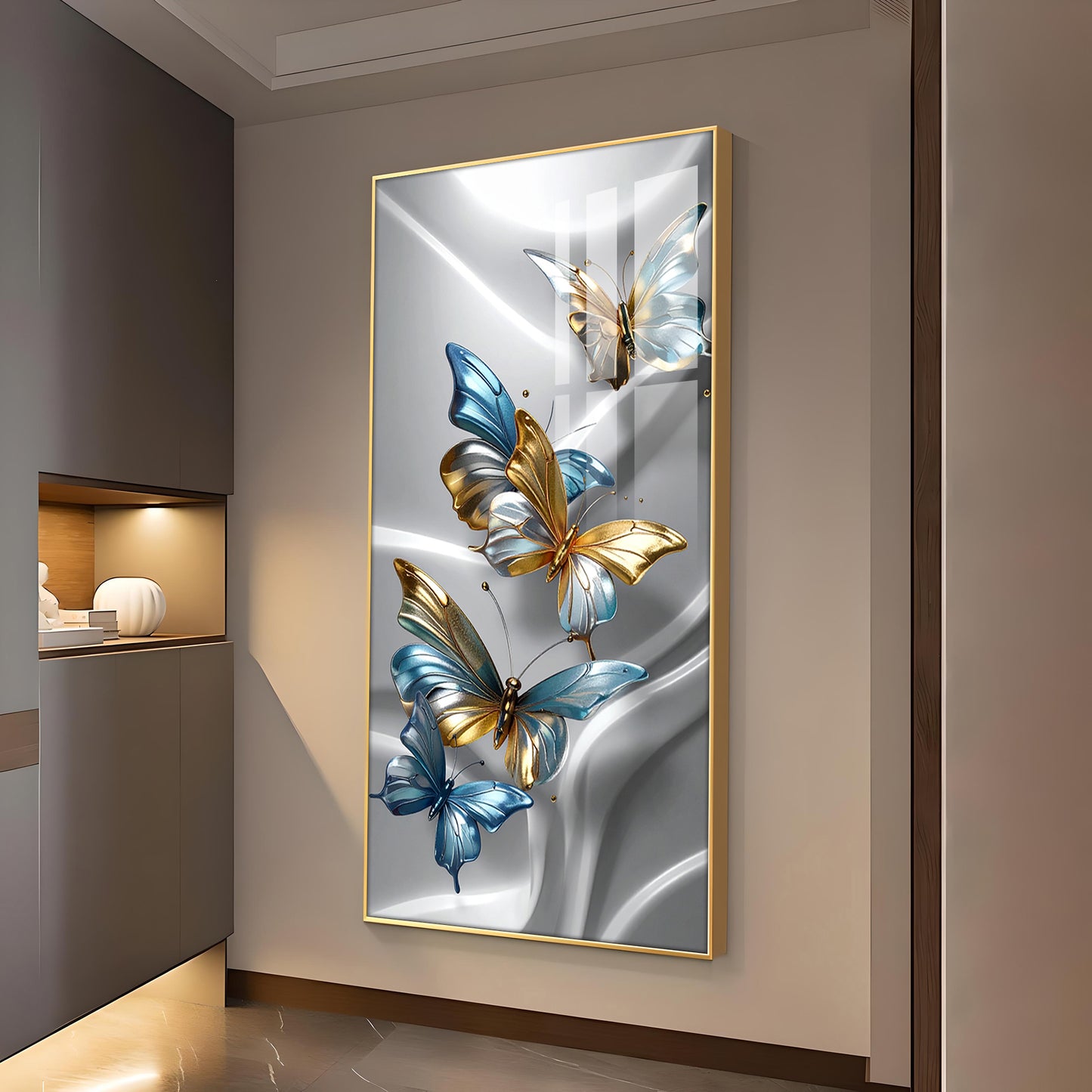 Golden Blue Flutter Glass Finish Vertical Wall Art