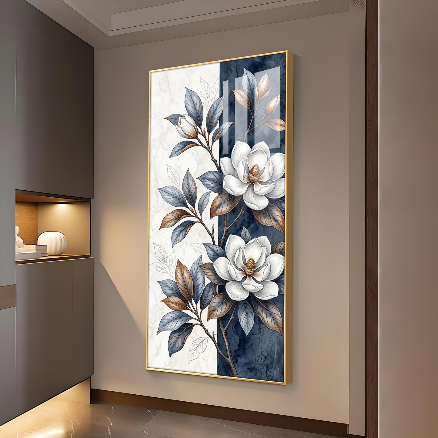 White & Blue Magnolias Flowers Glass Finish Vertical Wall Art