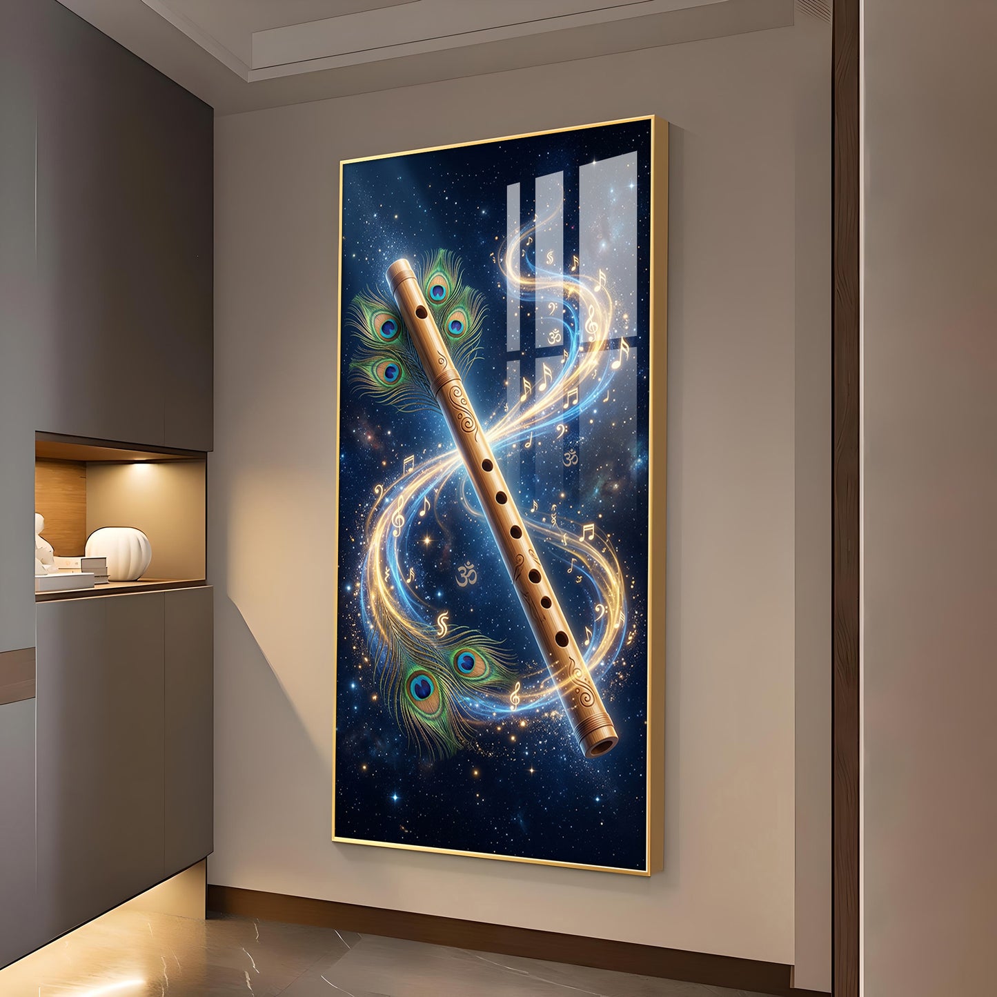 Flute With Peacock Feathers Glass Finish Vertical Wall Art