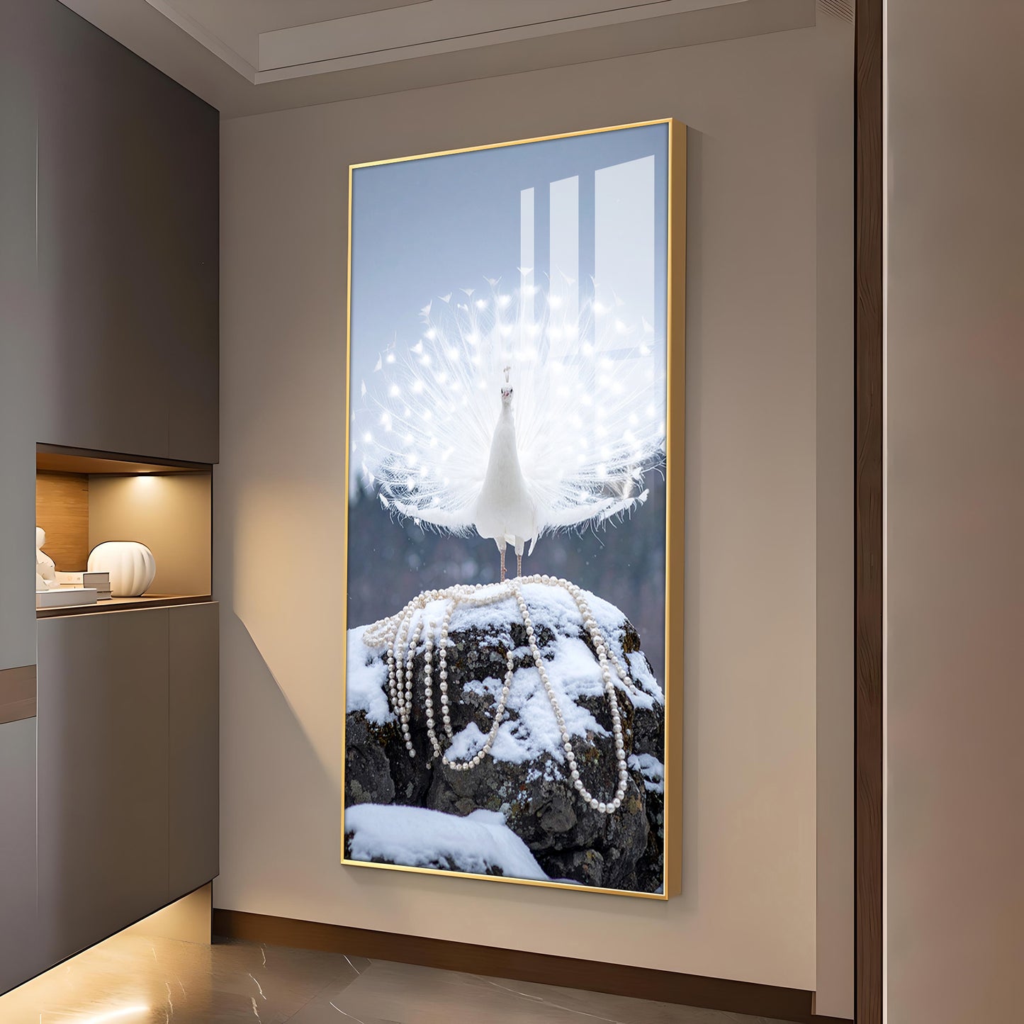 Dazzling Pearl Peacock Glass Finish Vertical Wall Art