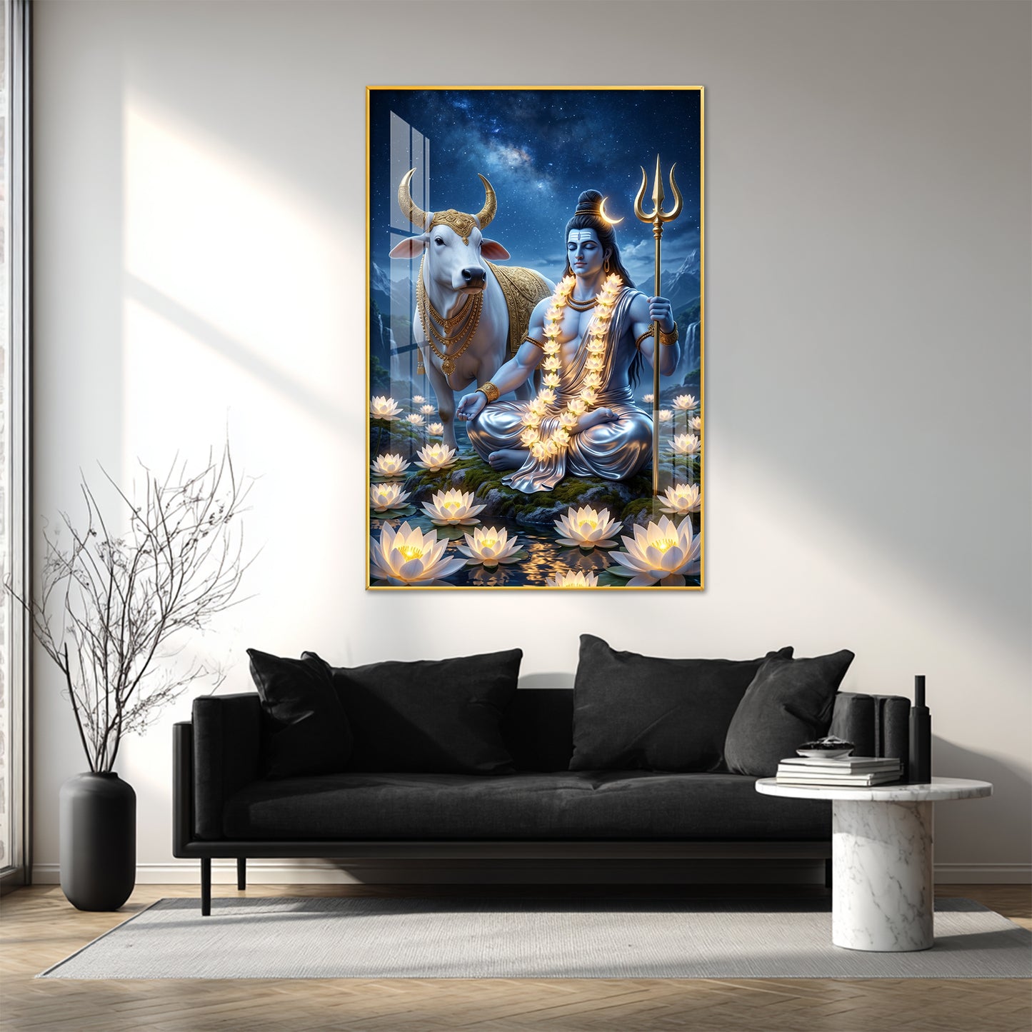 Lord Shiva Meditating Beside Nandi Glass Finish Vertical Wall Art