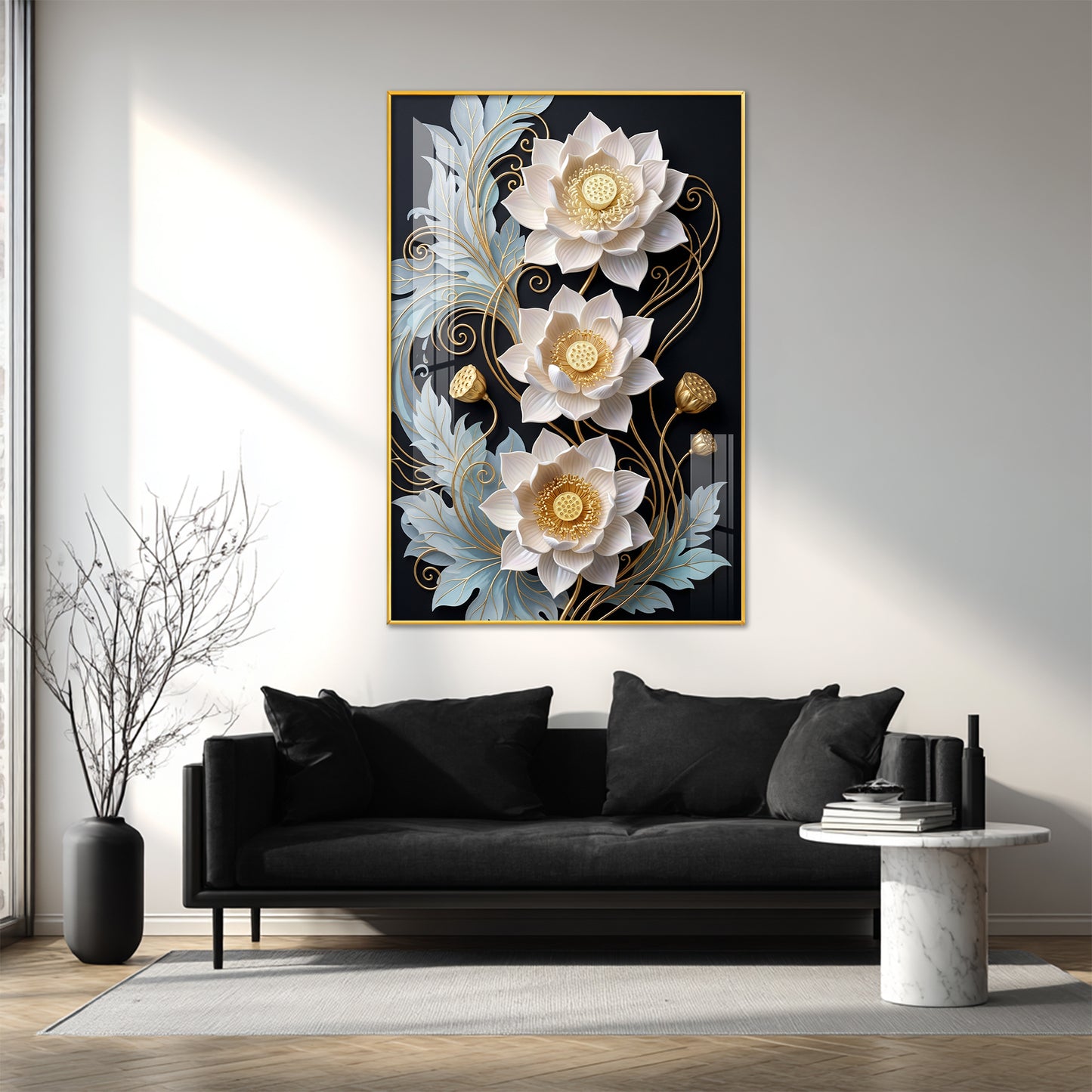 White Lotus With Golden Accents Glass Finish Vertical Wall Art