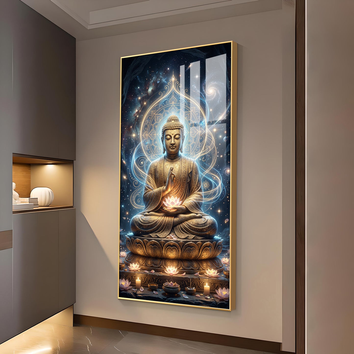 Meditating Buddha Glass Finish Vertical Wall Art