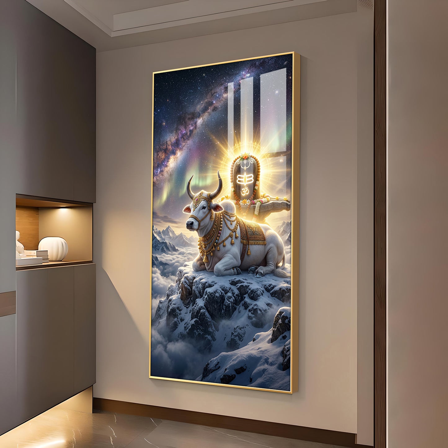 Mahadev With Nandi Glass Finish Vertical Wall Art