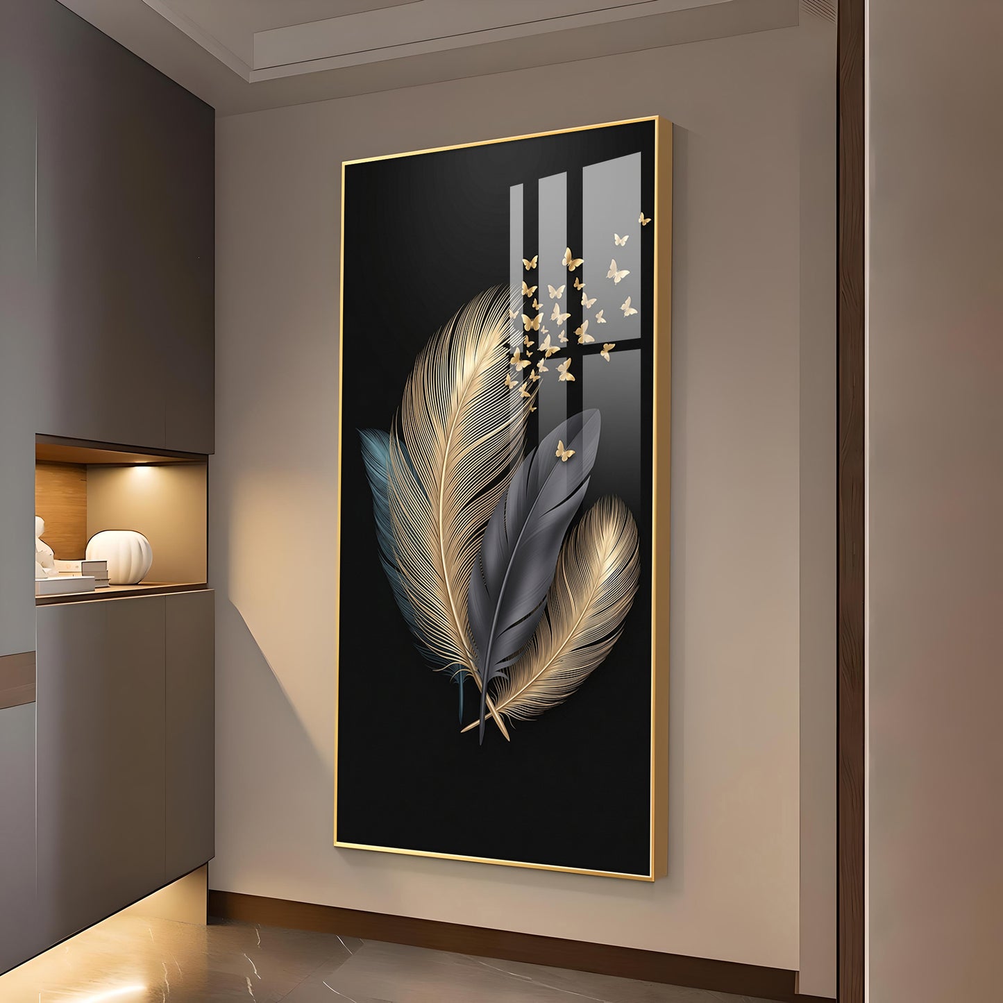 Black & Gold Feathers With Delicate Butterflies Glass Finish Vertical Wall Art