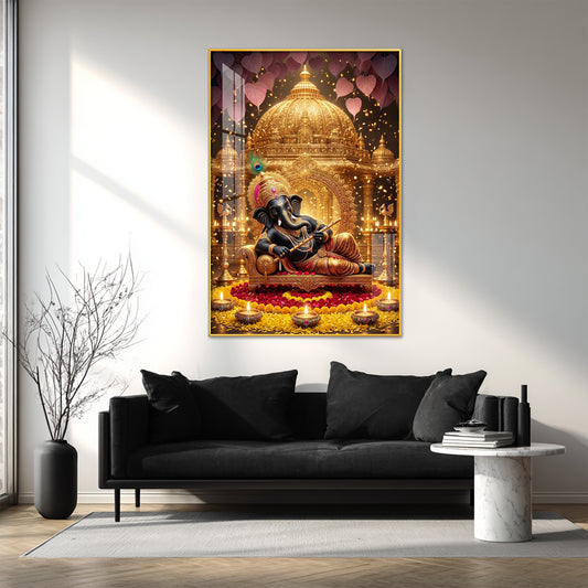 Lord Ganesha Holding A Flute Glass Finish Vertical Wall Art