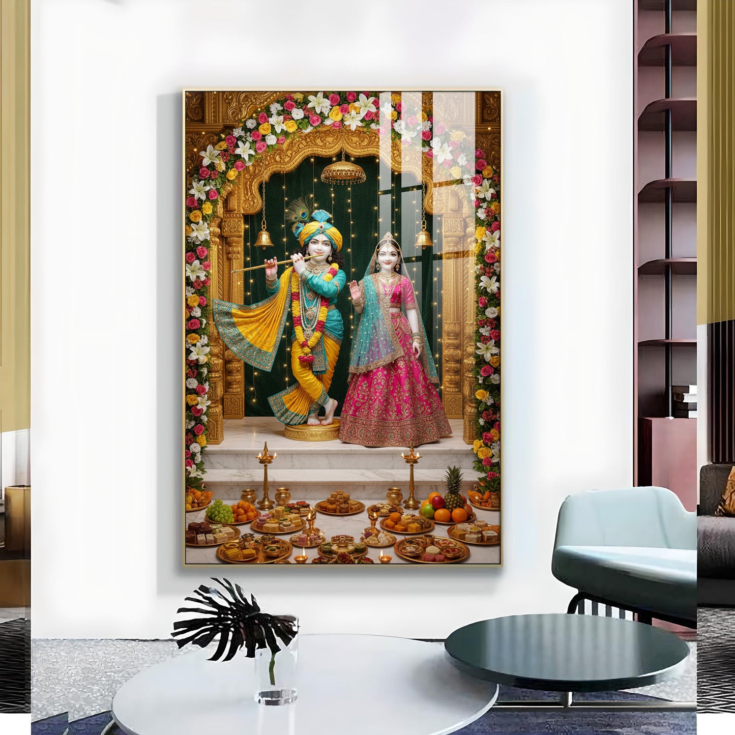 Lord Krishna and Radha Glass Finish Vertical Wall Art