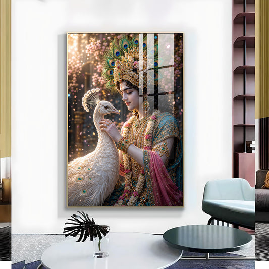 Shree Krishna With Peacock Glass Finish Vertical Wall Art