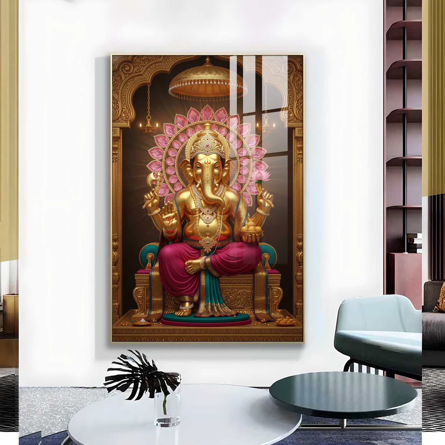 Lord Ganesha With Intricate Floral Glass Finish Vertical Wall Art