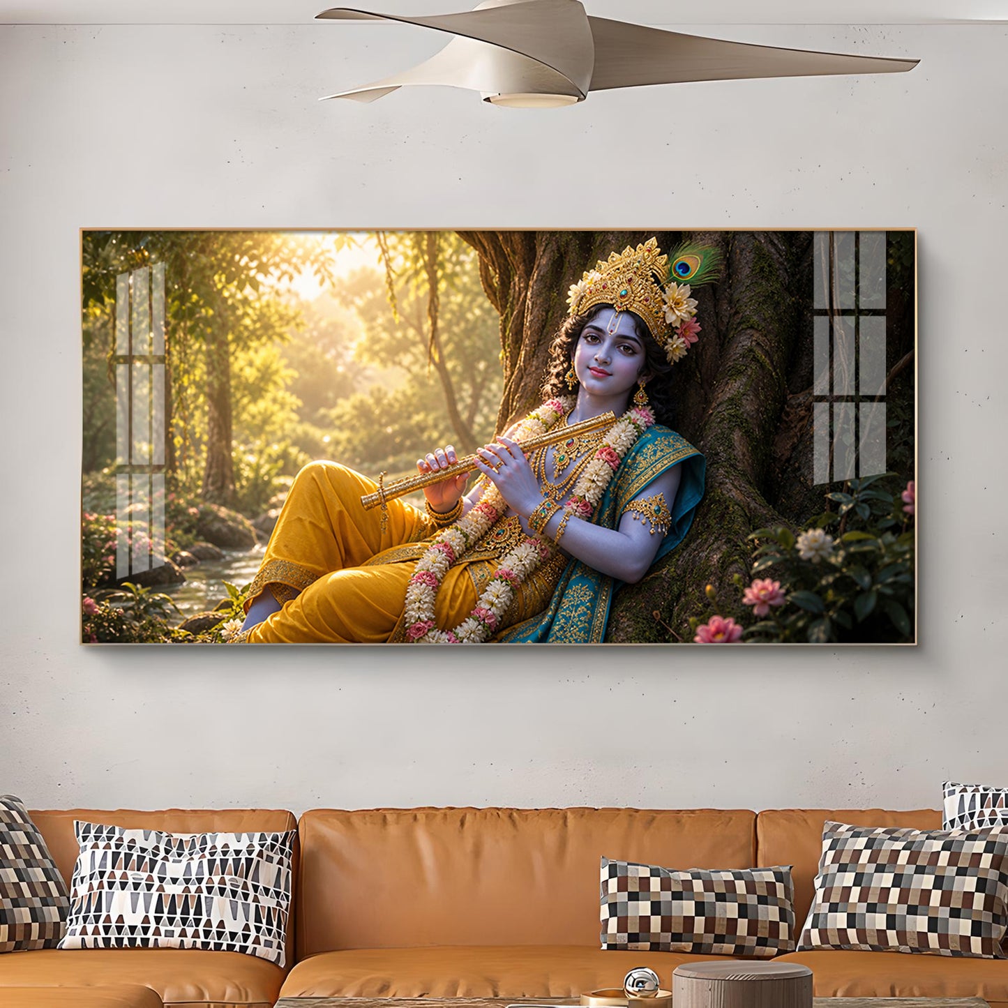 Lord Krishna Glass Finish Horizontal Wall Art