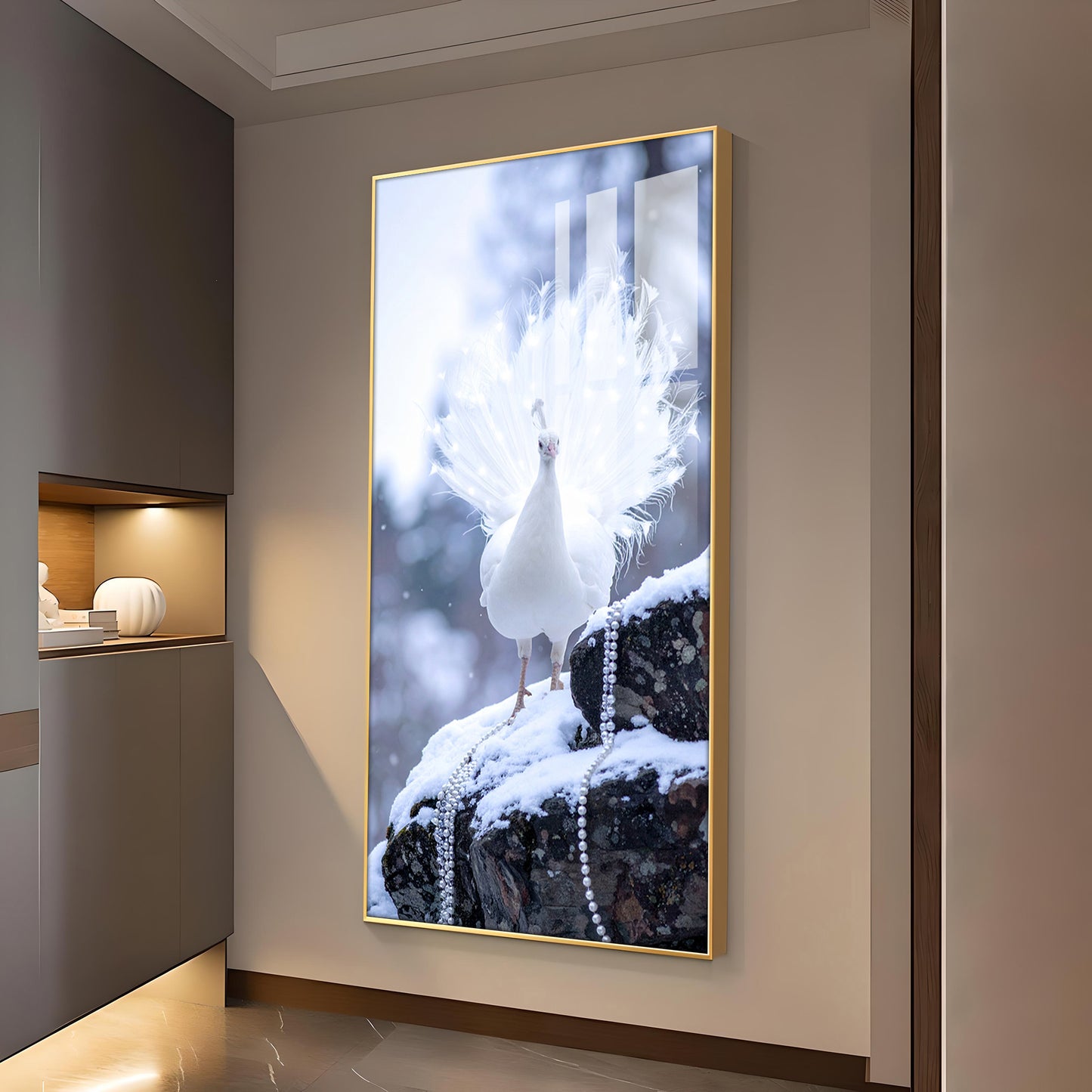 White Peacock Glass Finish Vertical Wall Art