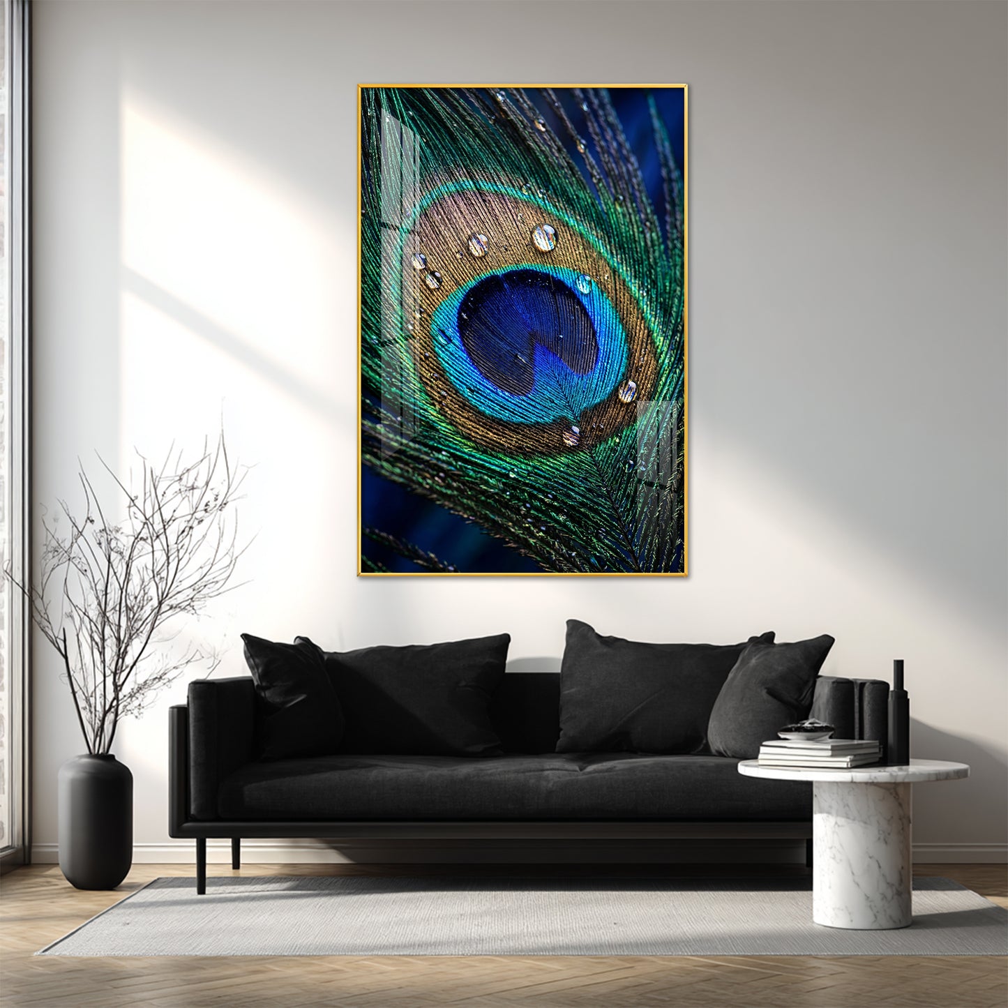Peacock Feather With Water Drops Glass Finish Vertical Wall Art