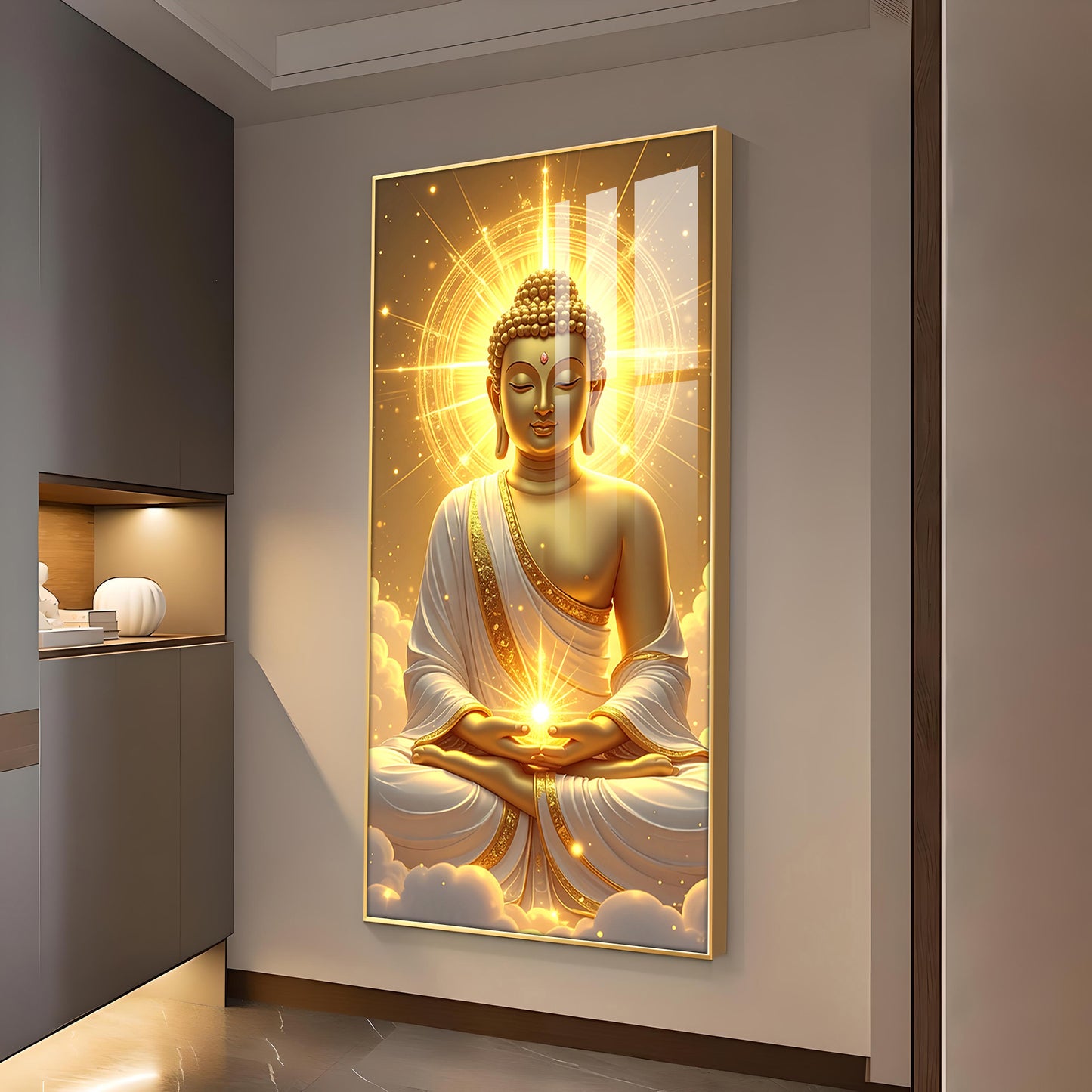 Golden Serenity Buddha Glass Finish Vertical Wall Art