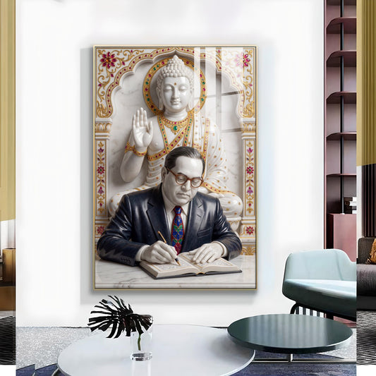 Dr. B.R. Ambedkar and Buddha Glass Finish Vertical Wall Art