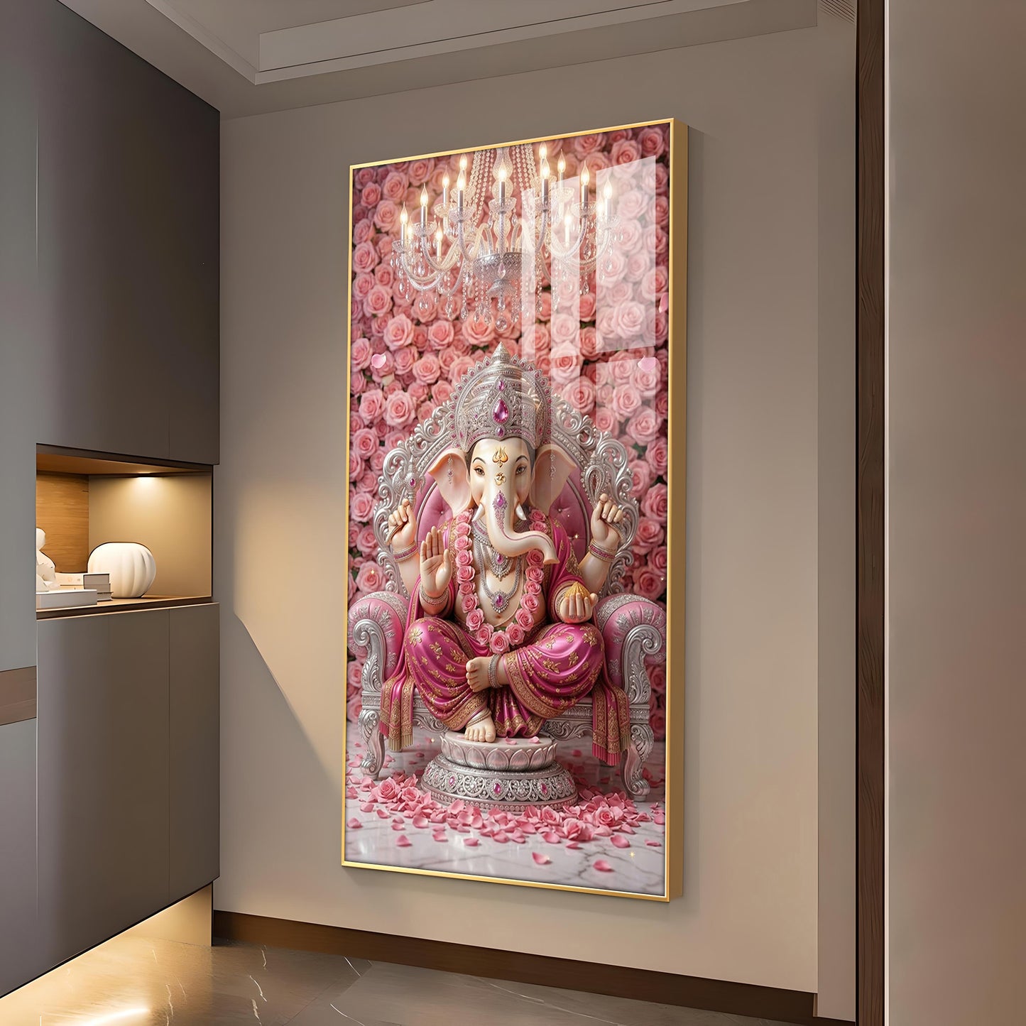 Divine Lord Ganesh Glass Finish Vertical Wall Art