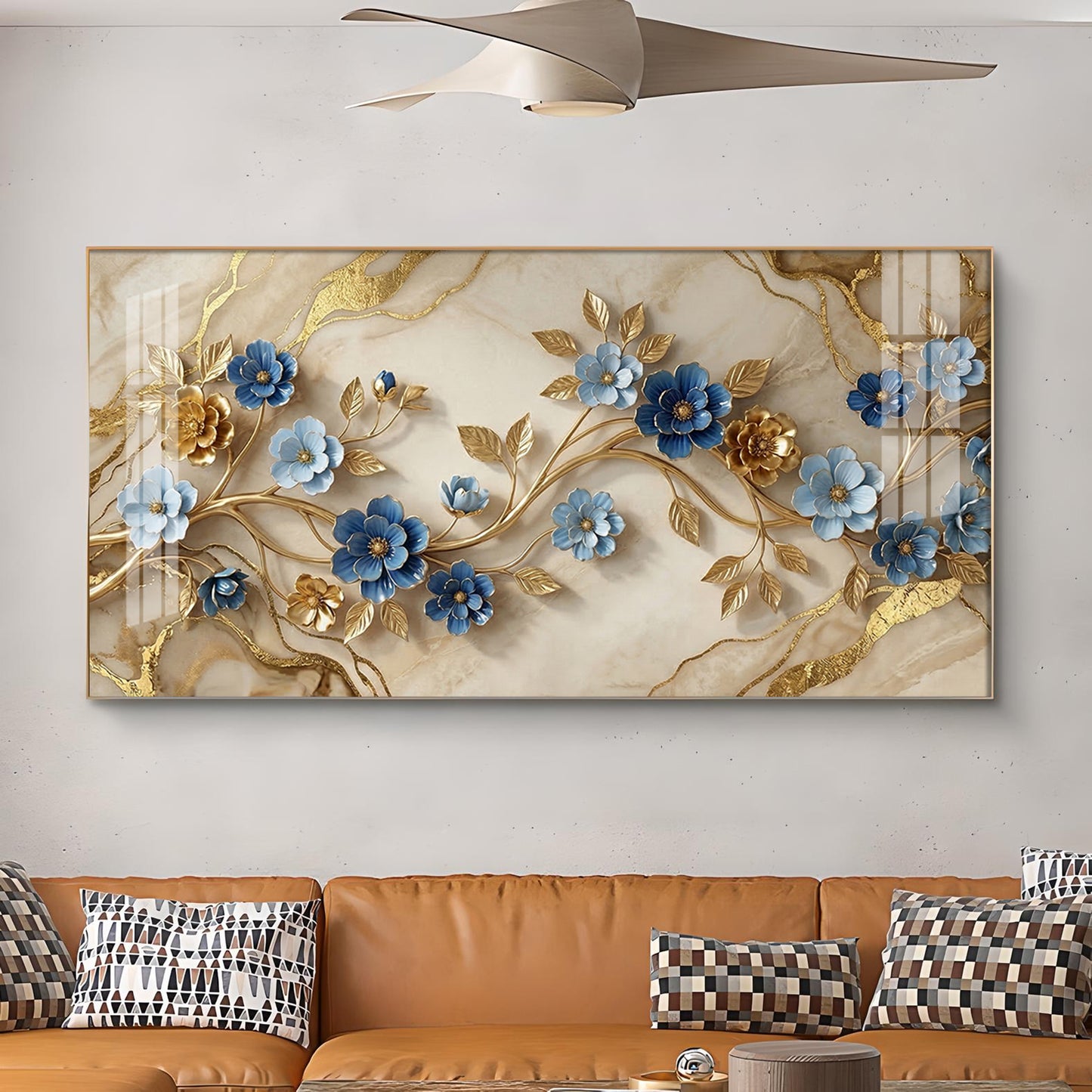 Elegant Blue Flower Glass Finish Horizontal Wall Art