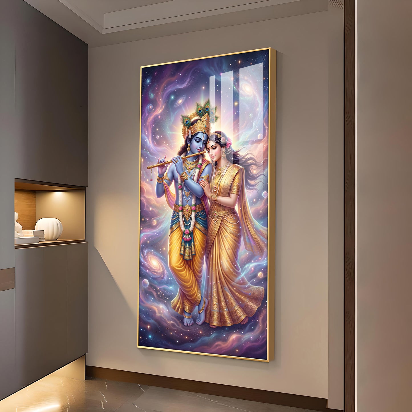 Divine Radhe Rani With Krishna Ji Glass Finish Vertical Wall Art