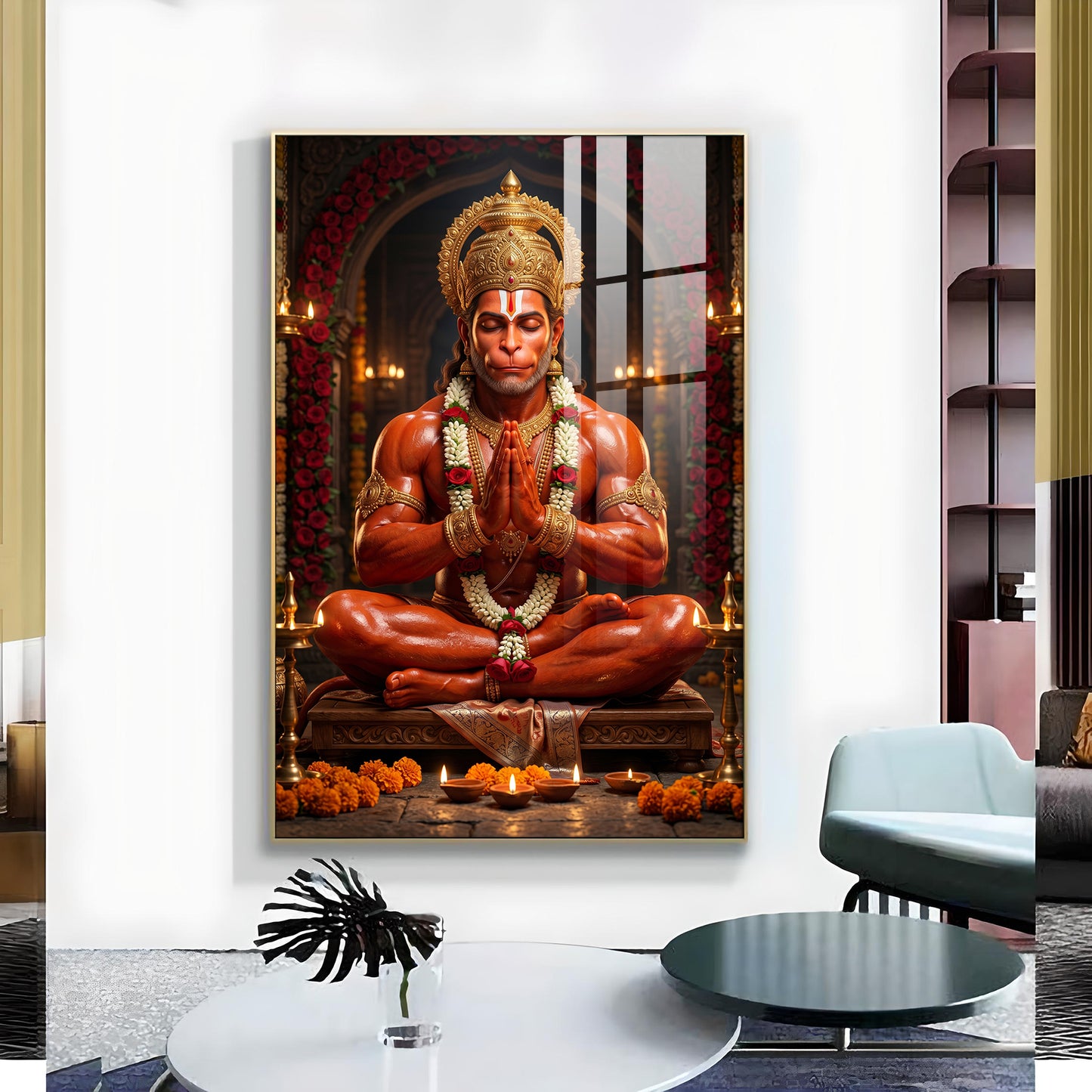 Lord Hanuman Glass Finish Vertical Wall Art