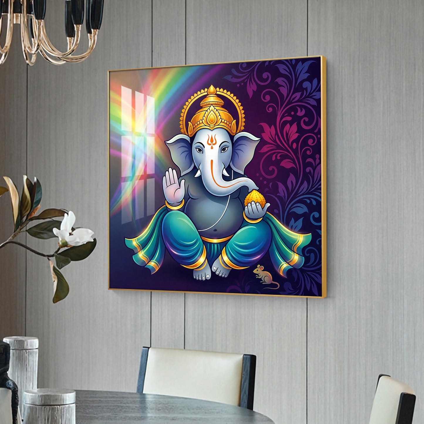 Hindu Deity Lord Ganesha Glass Finish Square Wall Art