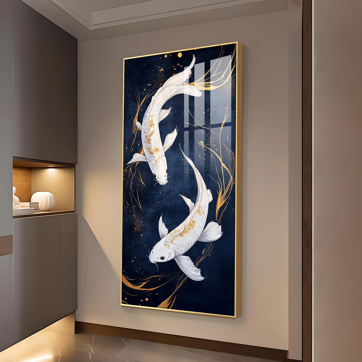 Pair Of White Fish Glass Finish Vertical Wall Art