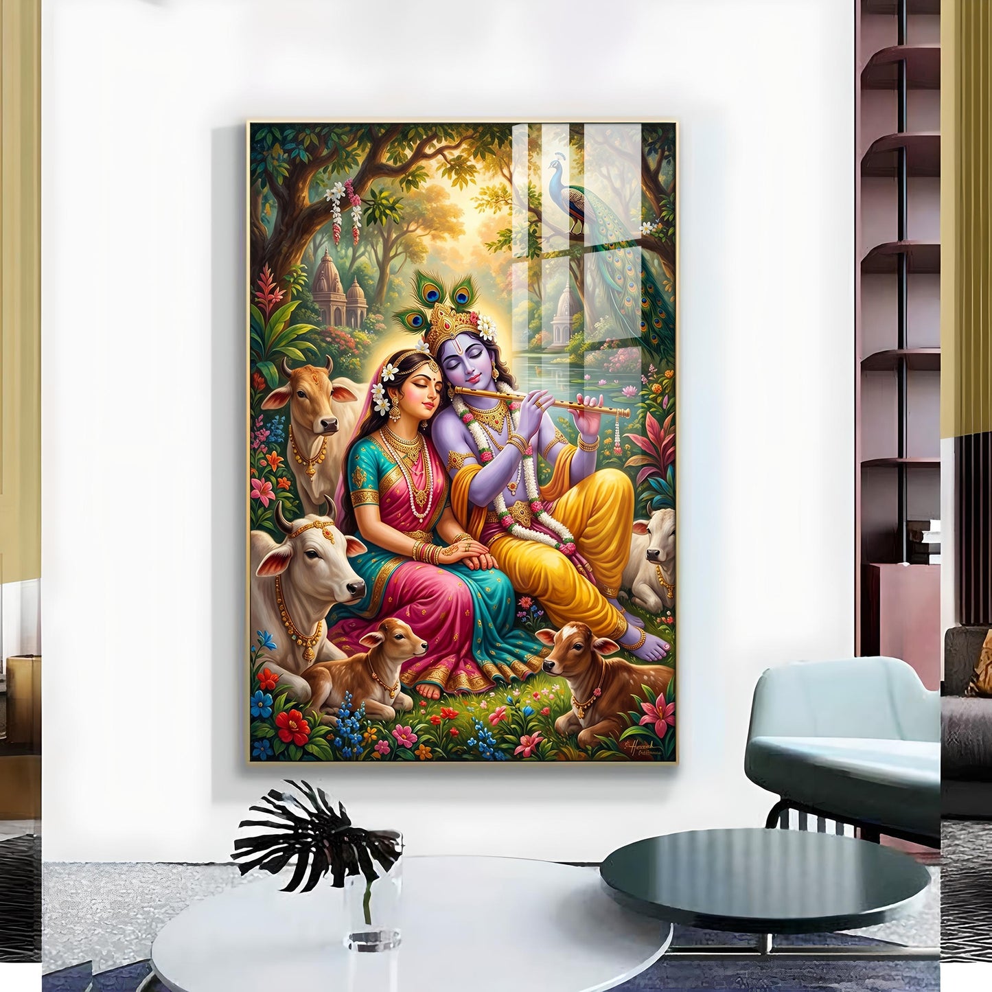 Generic Radha Krishna Glass Finish Vertical Wall Art