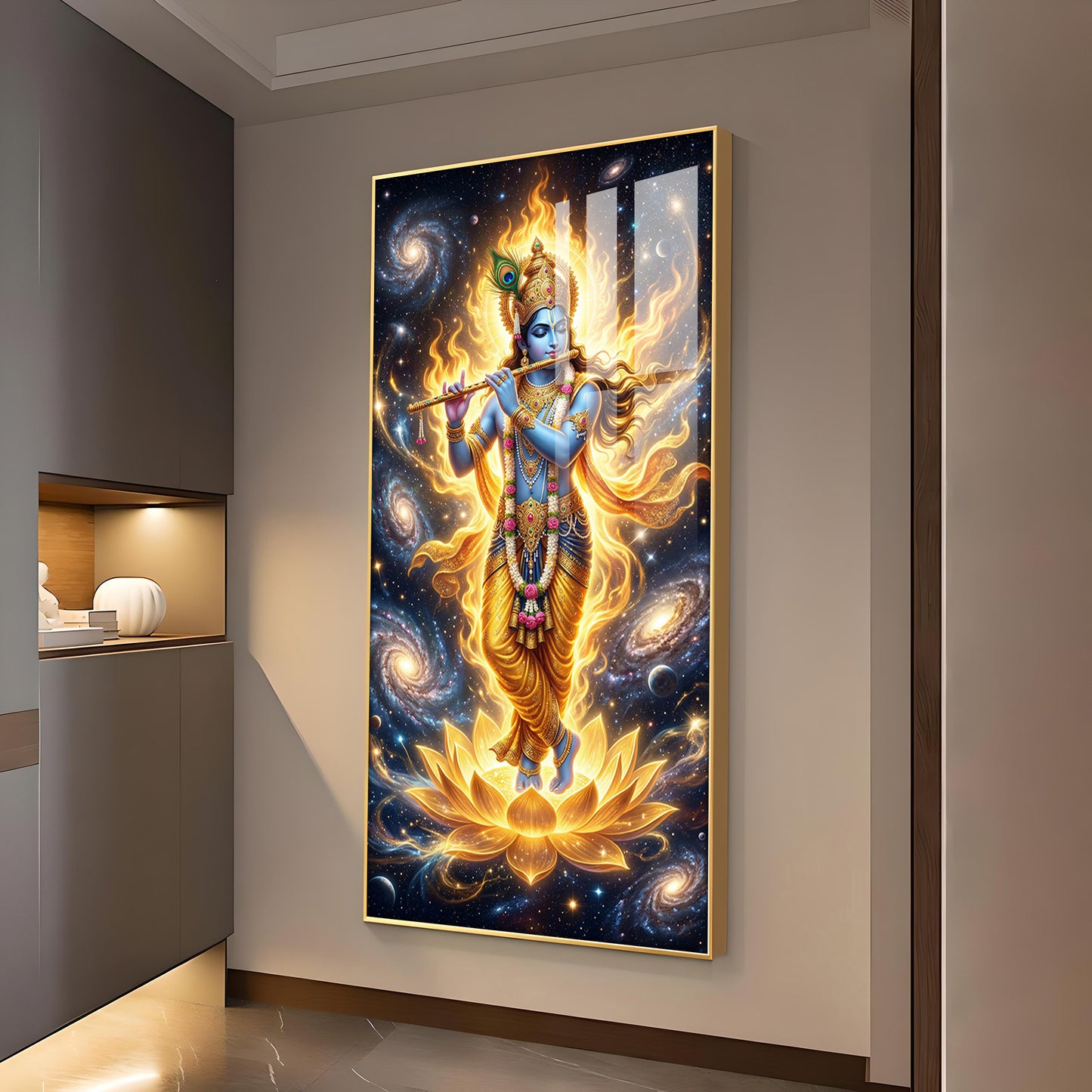 Lord Krishna Playing Bansuri Glass Finish Vertical Wall Art