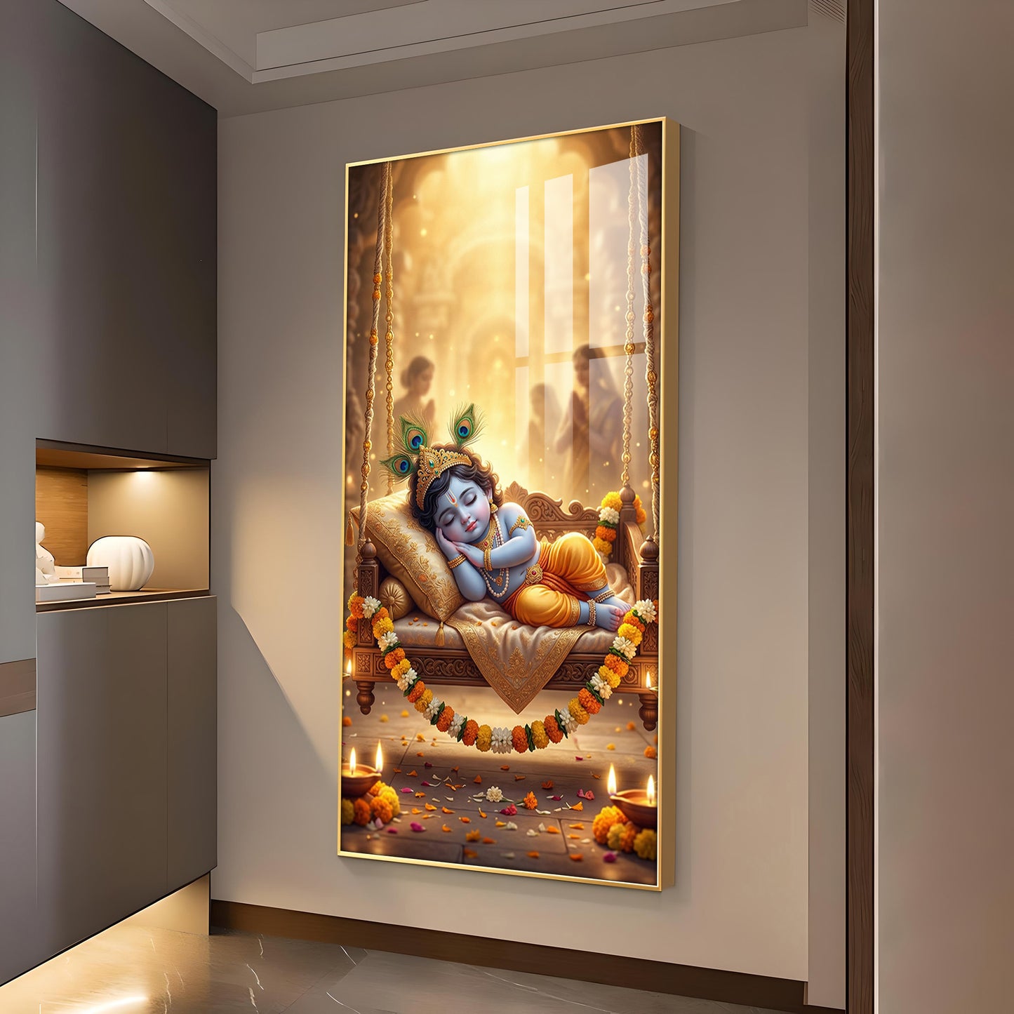 Sleeping Little Krishna Glass Finish Vertical Wall Art