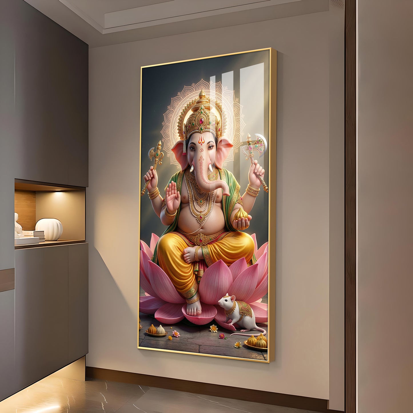 Lord Ganesh Ji Glass Finish Vertical Wall Art