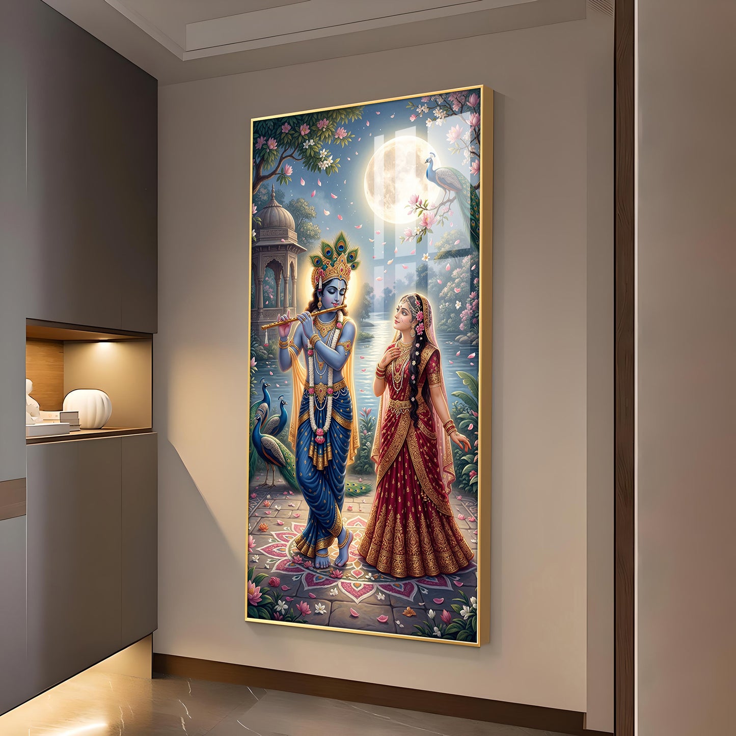 Sri Radha Krishna Glass Finish Vertical Wall Art