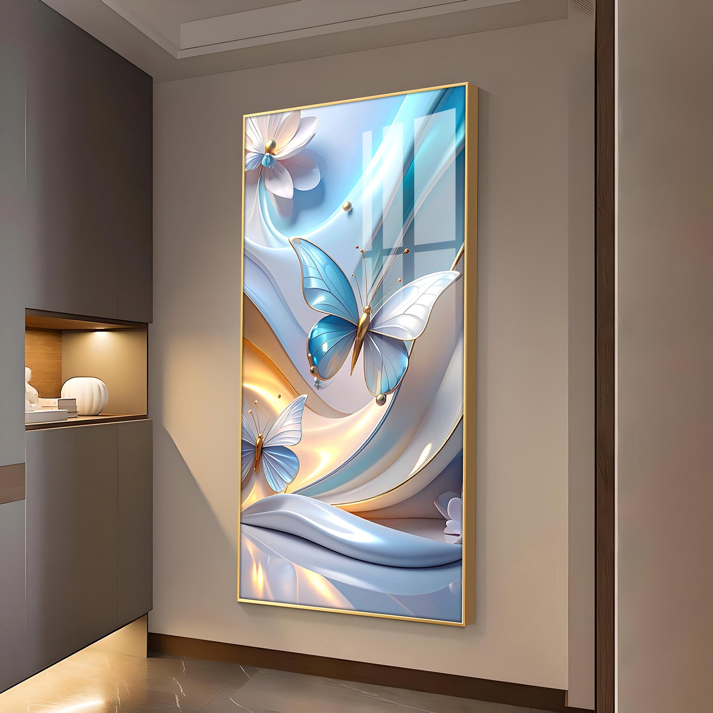 Enchanted Blue Flutter Glass Finish Vertical Wall Art