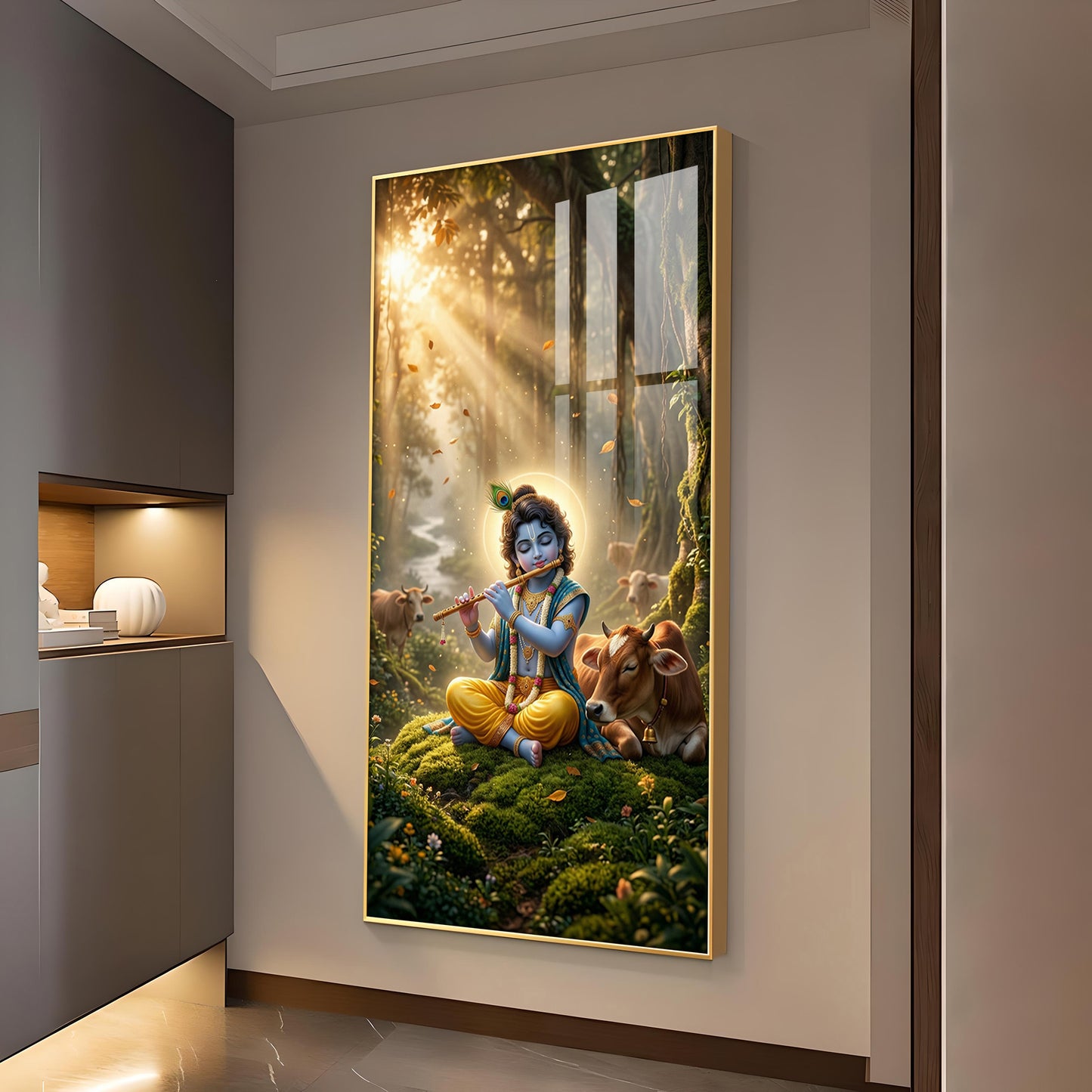 Lord Krishna Playing Flute In Garden Glass Finish Vertical Wall Art