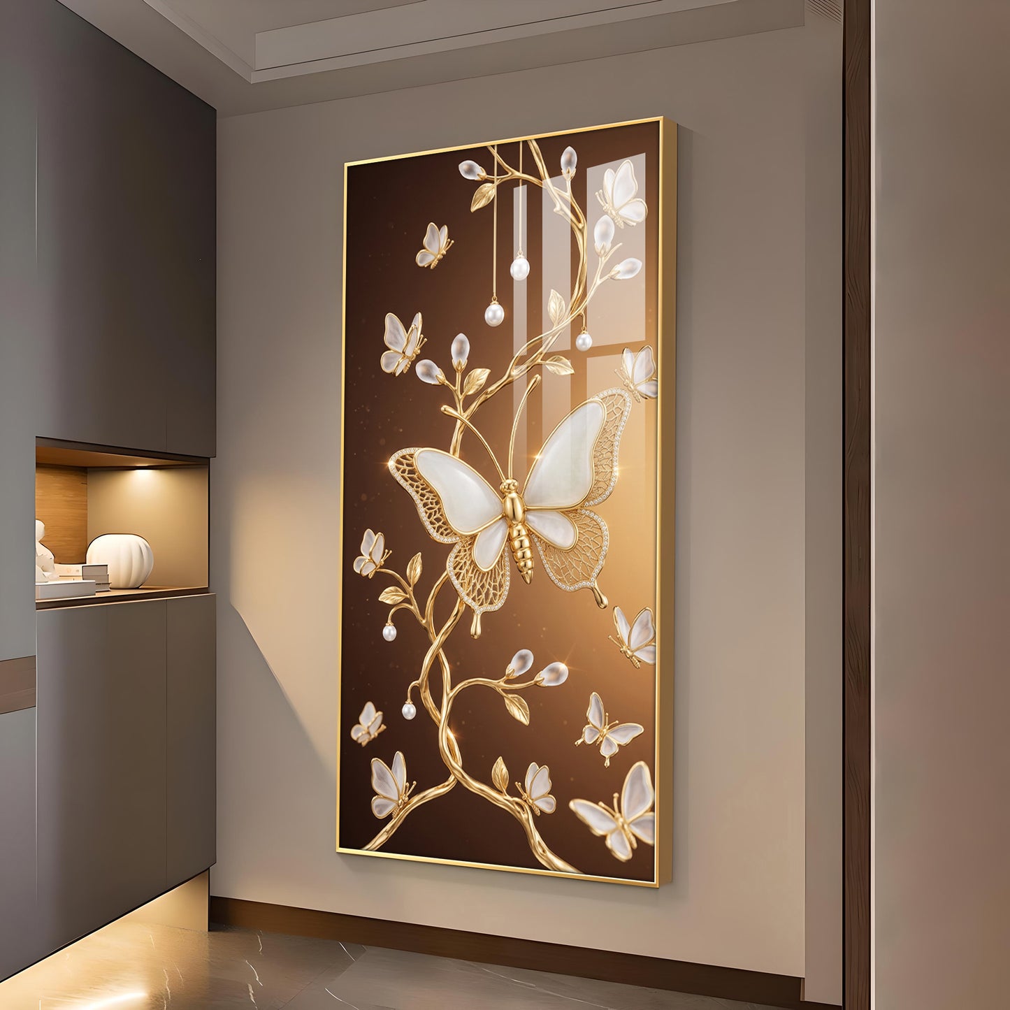 Golden Vines With White Butterflies Glass Finish Vertical Wall Art