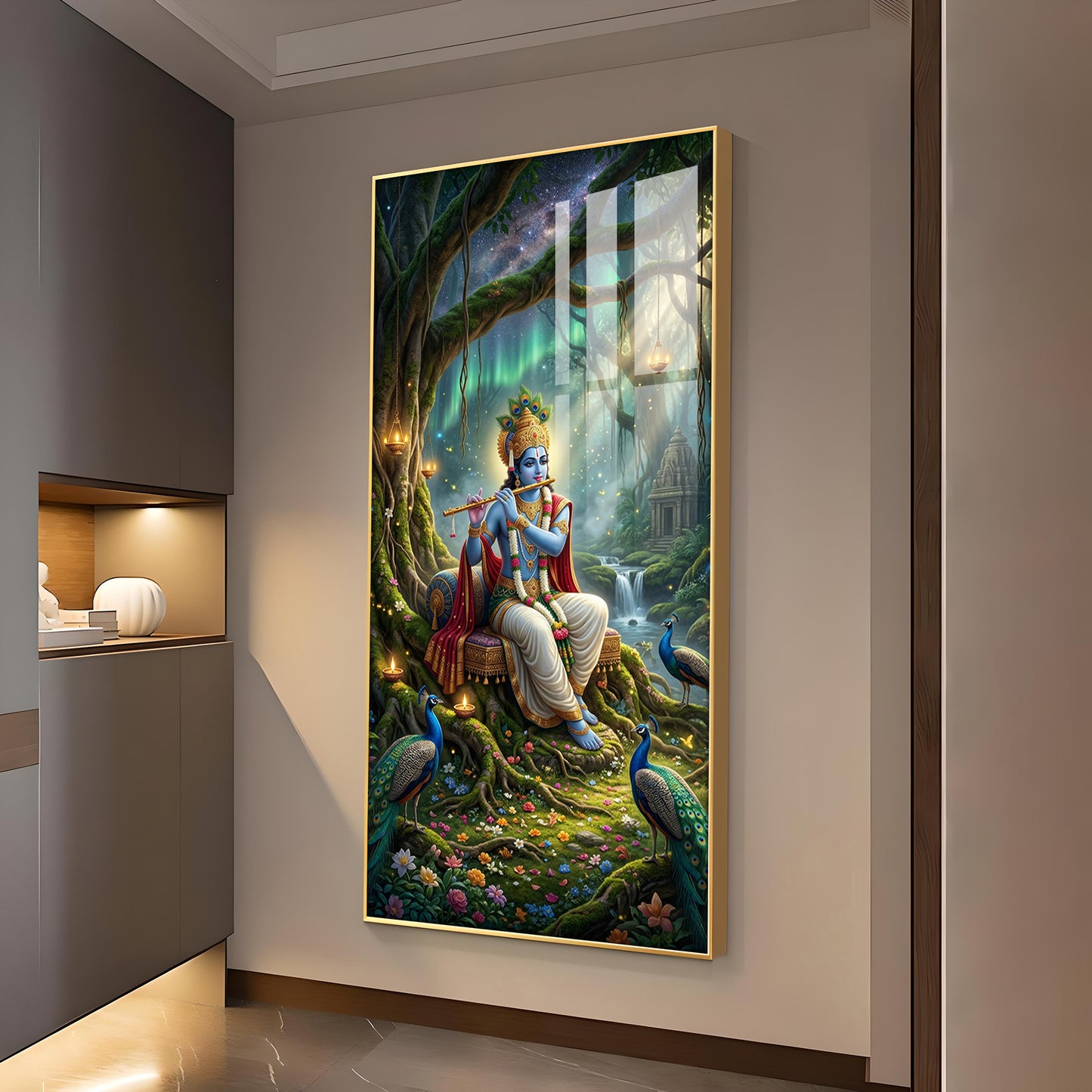 Shree Krishna With Flute Glass Finish Vertical Wall Art