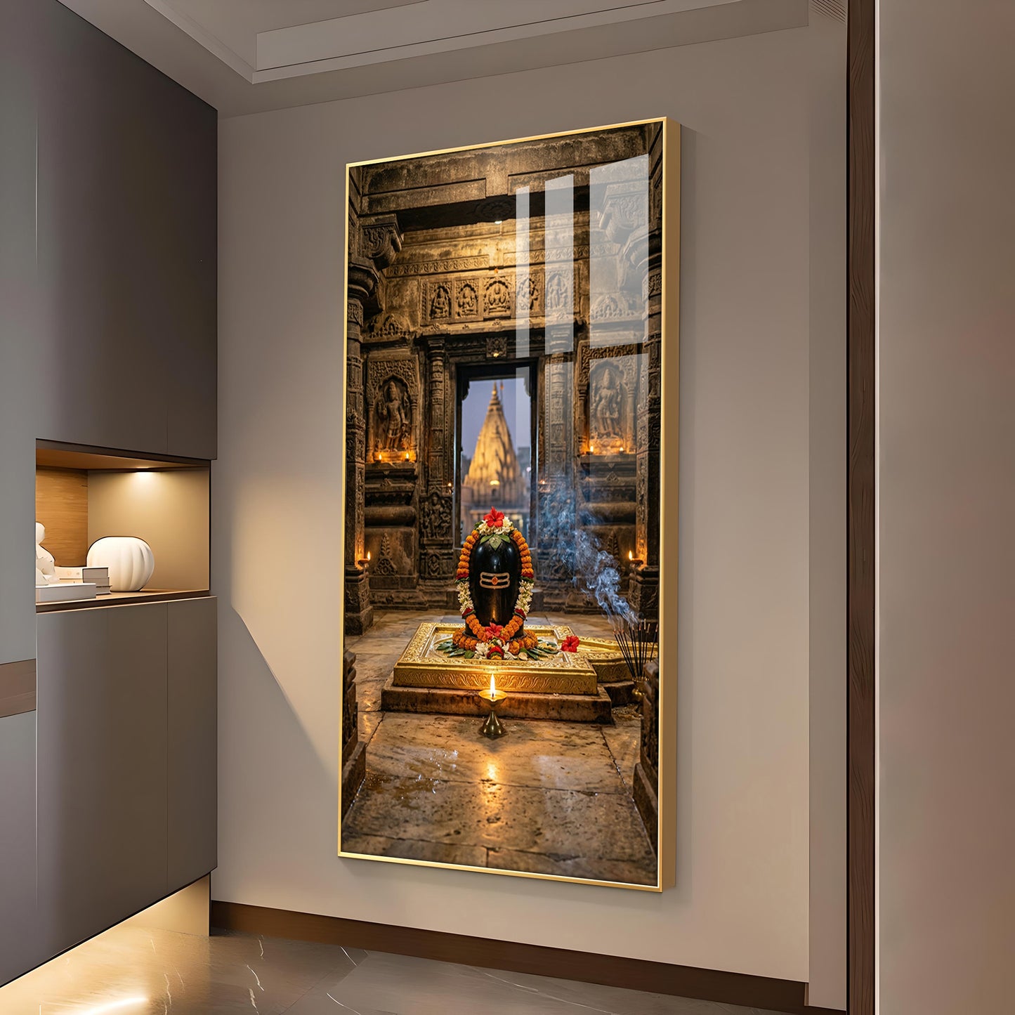 Divine Shiva Lingam Glass Finish Vertical Wall Art