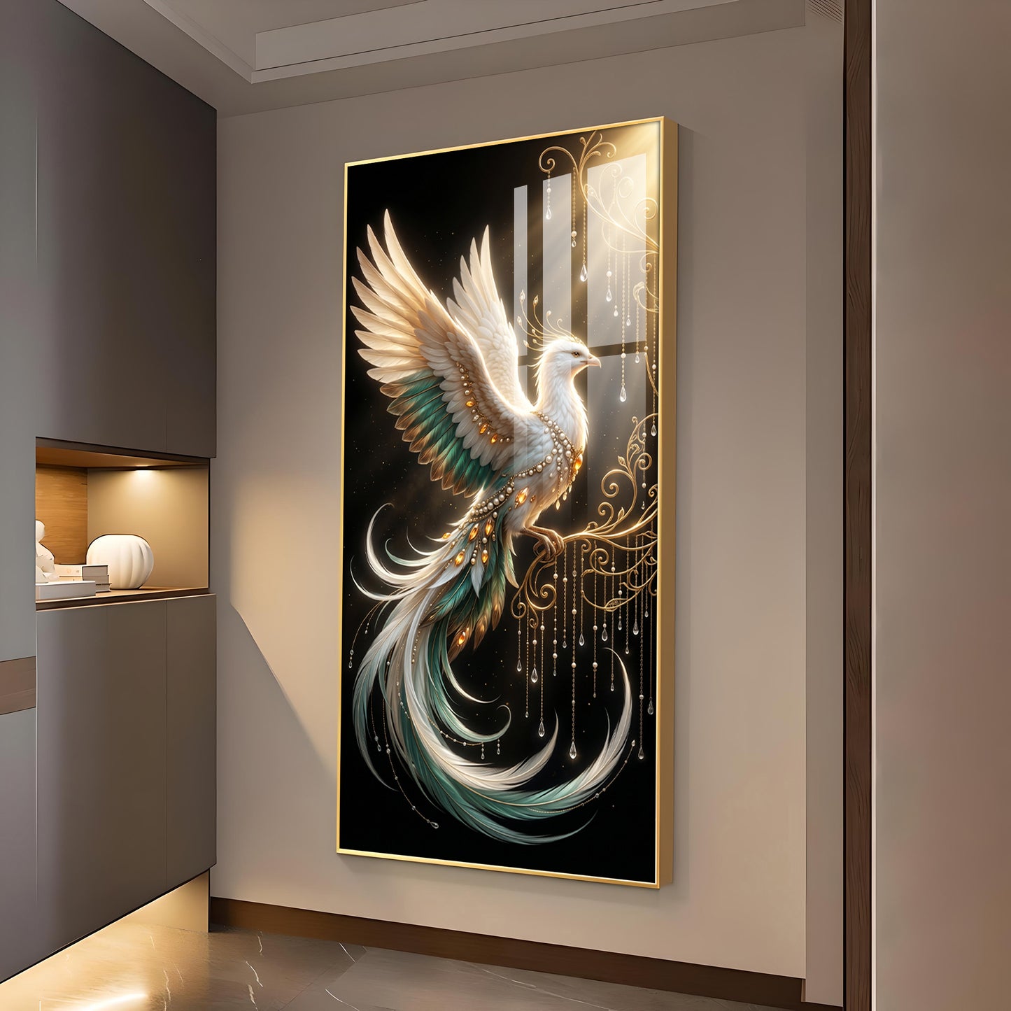 White Phoenix Glass Finish Vertical Wall Art