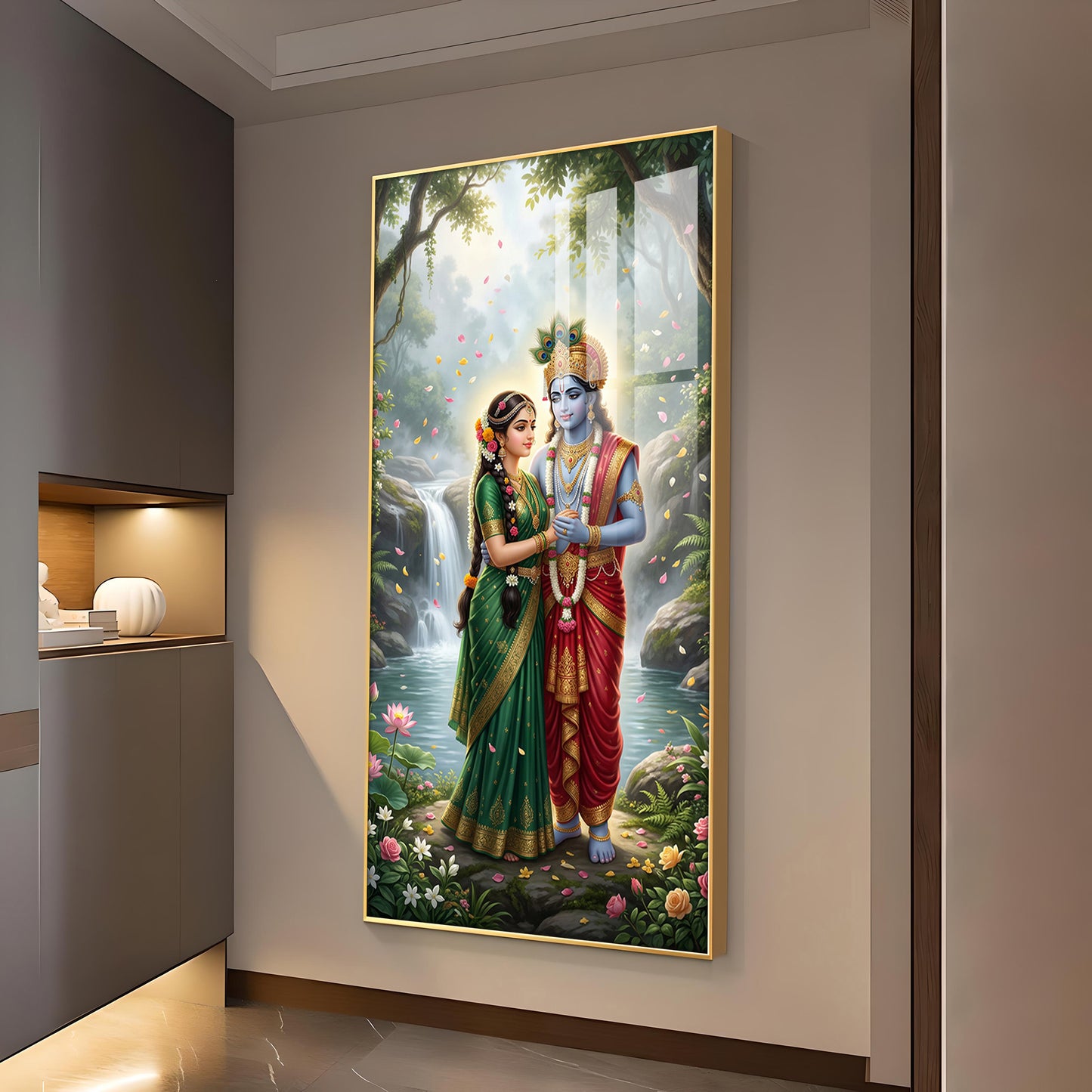 Radha Krishna Divine Aura Glass Finish Vertical Wall Art