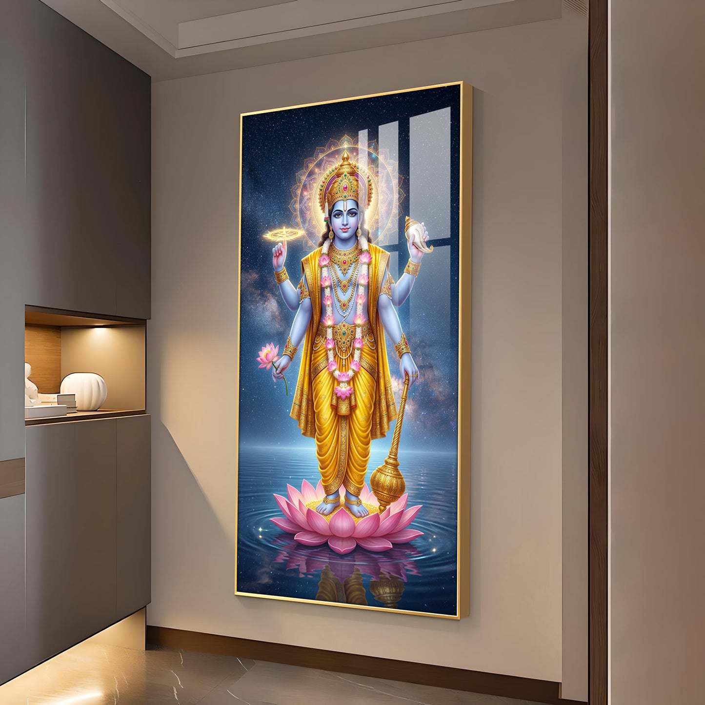 Divine Lord Vishnu Ji On Lotus Glass Finish Vertical Wall Art