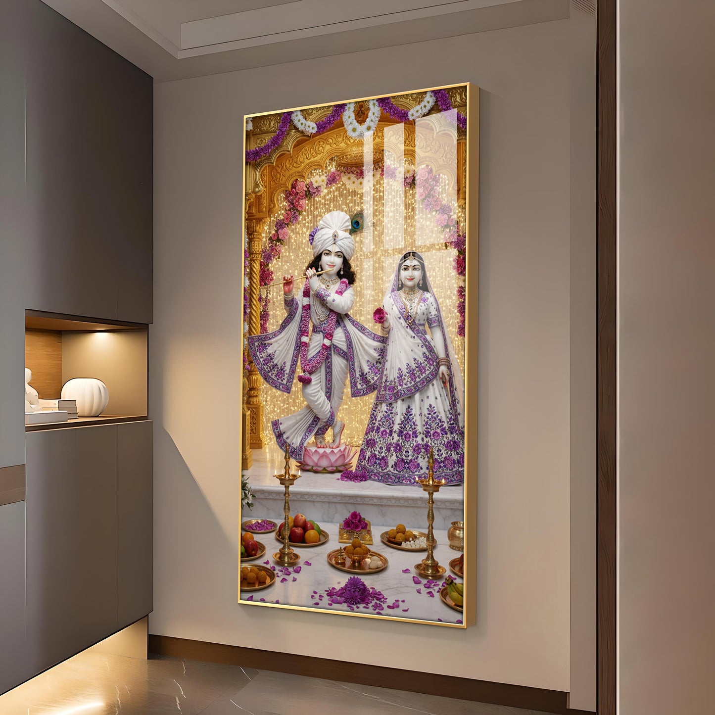 Depicting Radha & Krishna Glass Finish Vertical Wall Art