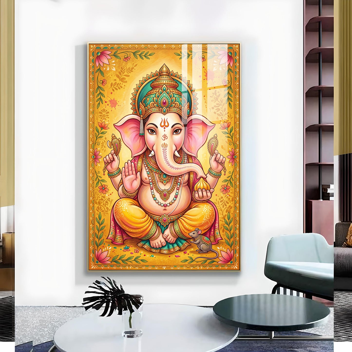 Shree Ganesh Bhagwan Glass Finish Vertical Wall Art