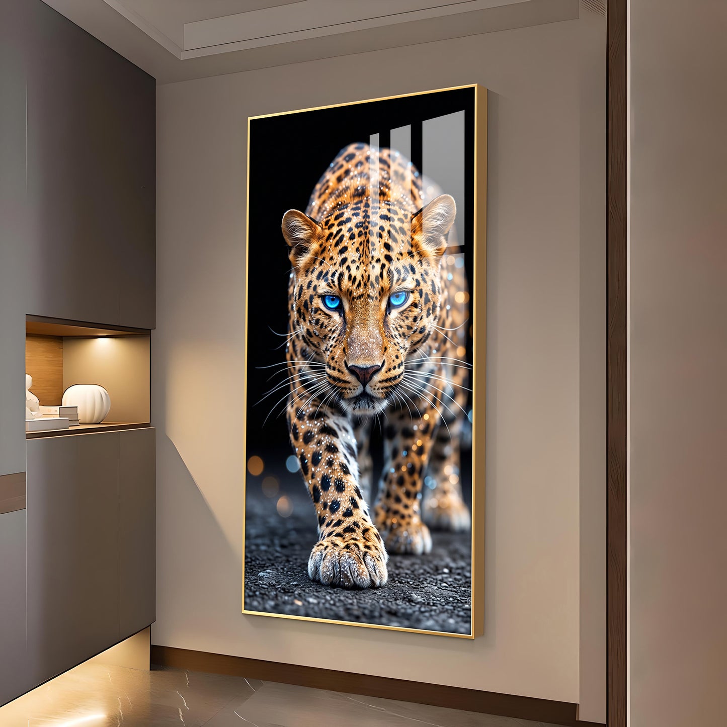 Wild Leopard With Blue Eyes Glass Finish Vertical Wall Art