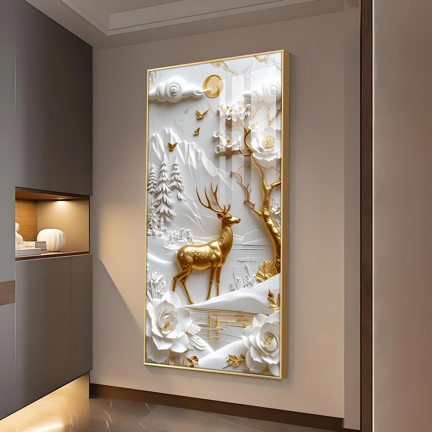 Floral Fawn Delight Glass Finish Vertical Wall Art