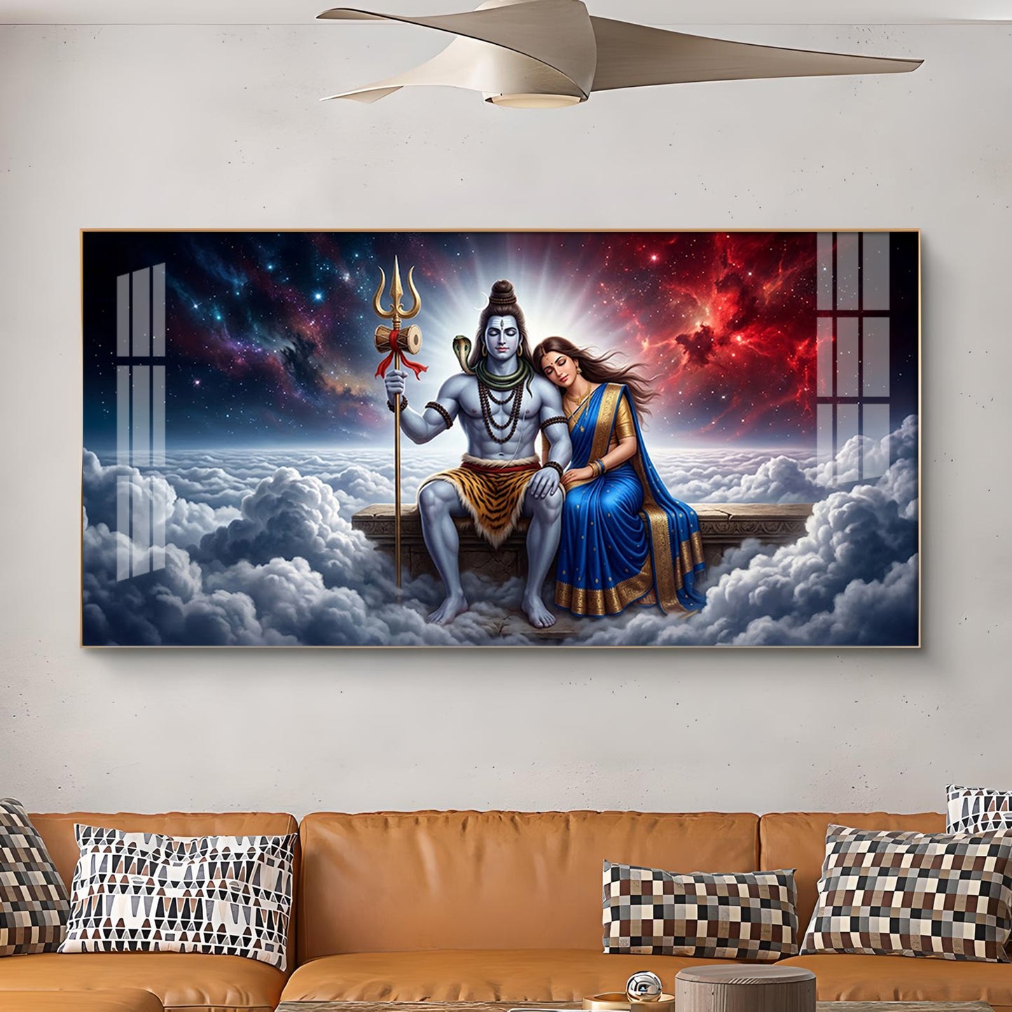 Depicts Lord Shiva & Goddess Parvati Glass Finish Horizontal Wall Art