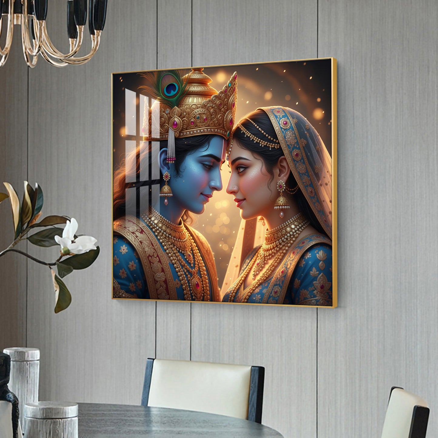 Divine Lord Radha and Krishna Glass Finish Square Wall Art