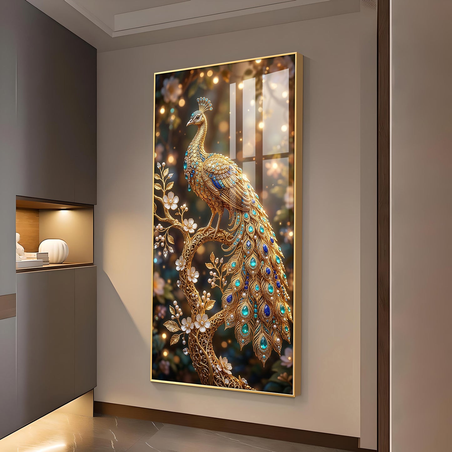Elegant Peacock Fantasy Glass Finish Vertical Wall Art
